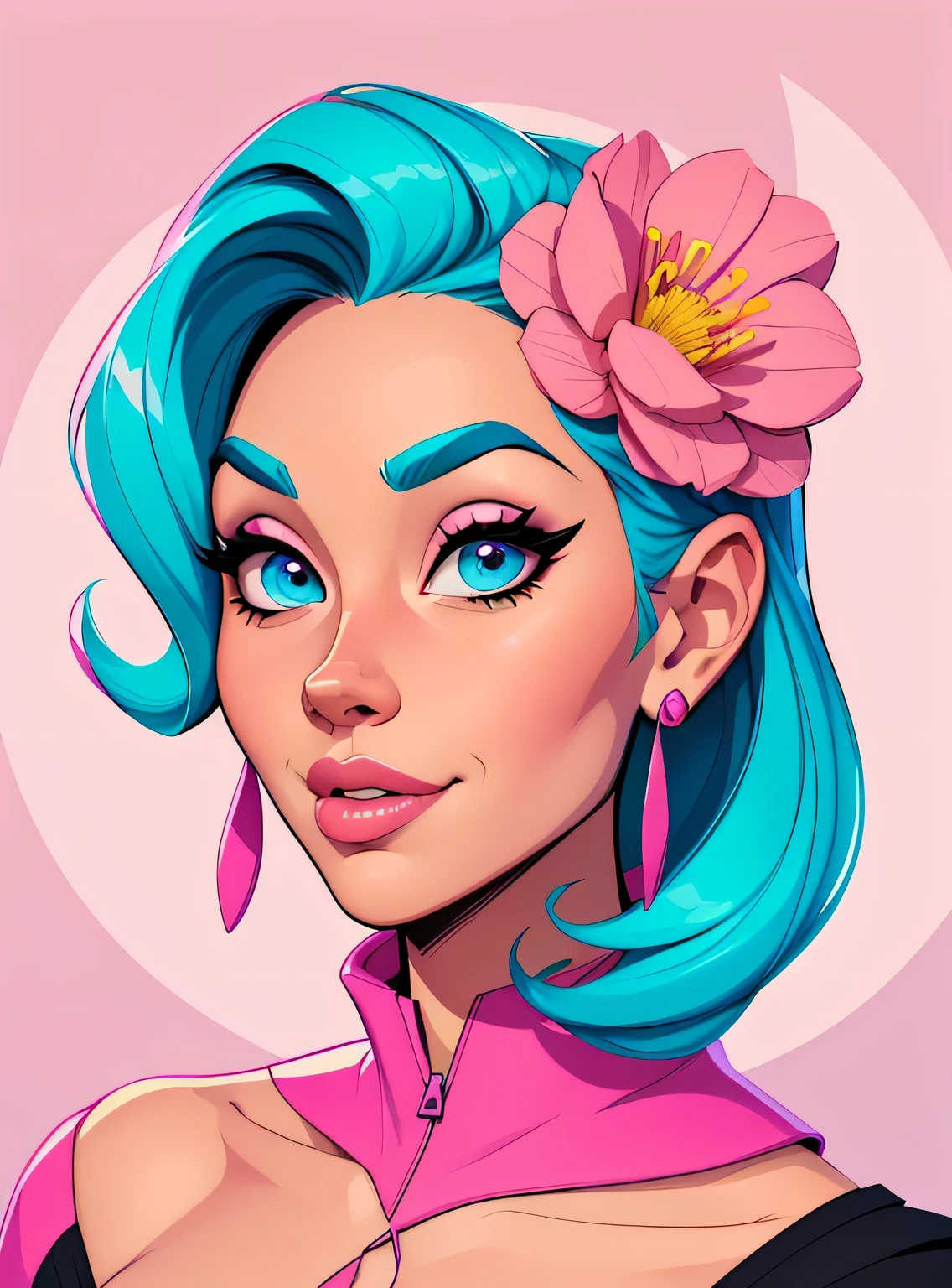 (estilo de desenho animado:1.2), Imagem de desenho animado de um e flores, Funky super fofo , cartoon style illustration, Estilo de arte de desenho animado, Estilo de arte de desenho animado, digital illustration style, design de personagens altamente detalhado, arte digital detalhada fofa, City Girl Fan Art, Design de personagens de retrato, beautiful digital illustration, retrato de alta qualidade, arte em quadrinhos, Retrato de design de personagens, fundo rosa