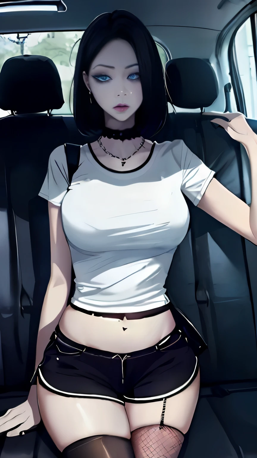 goth woman, (goth makeup), (white skin), (T-shirt and skinny mini shorts), (Show below ), (Fishnet tights), (belly button jewelry), (earrings), (earringsの唇), blue eyes, short messy cream yellow emo hair, (bedroom background), thick thighs, big breasts, (8k), (wallpaper), (dynamic lighting), (detailed face and eyes:1.2)、big breasts、(car passenger seat)