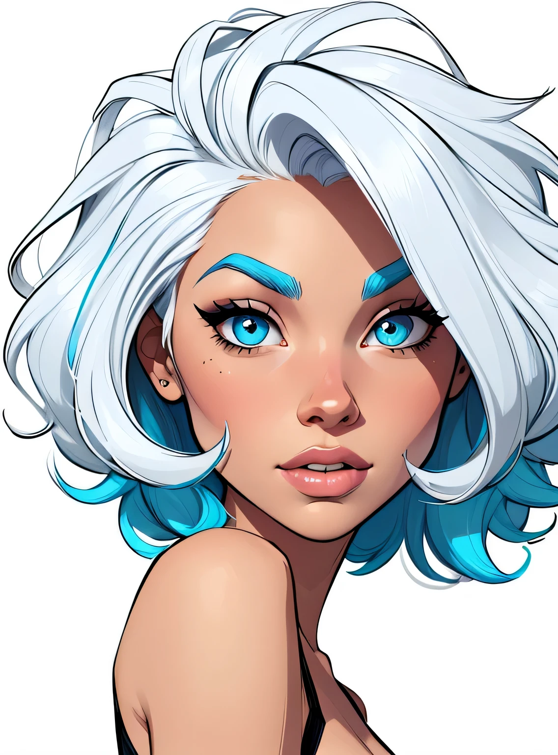 (estilo de desenho animado:1.2),  desenho de garota afro cabelo azul branco, Olhos perfeitos, rosto detalhado, flores, fundo branco, Seios pequenos 