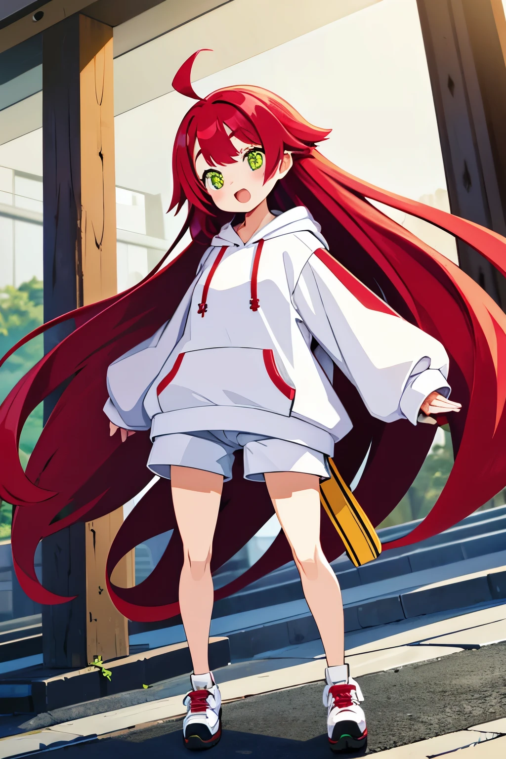   shy slanted eyes slightly open mouth red cheeks squishy bangs long flowing hair thin ahoge pale red hair yellow-green eyes white pupils slightly white skin Innerwear shorts baggy hoodie leather shoes shoulder bag cute gesture