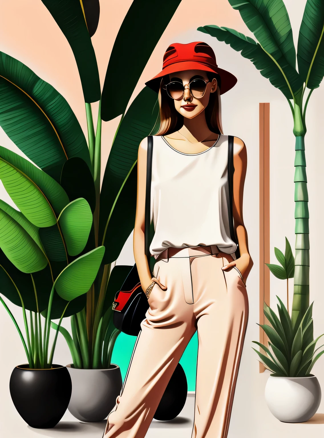 a woman smiling in red pants and a white blouse with a black bag and sunglasses on her head and a palm tree in the background, Drew Tucker, digital illustration, arte digital, arte digital