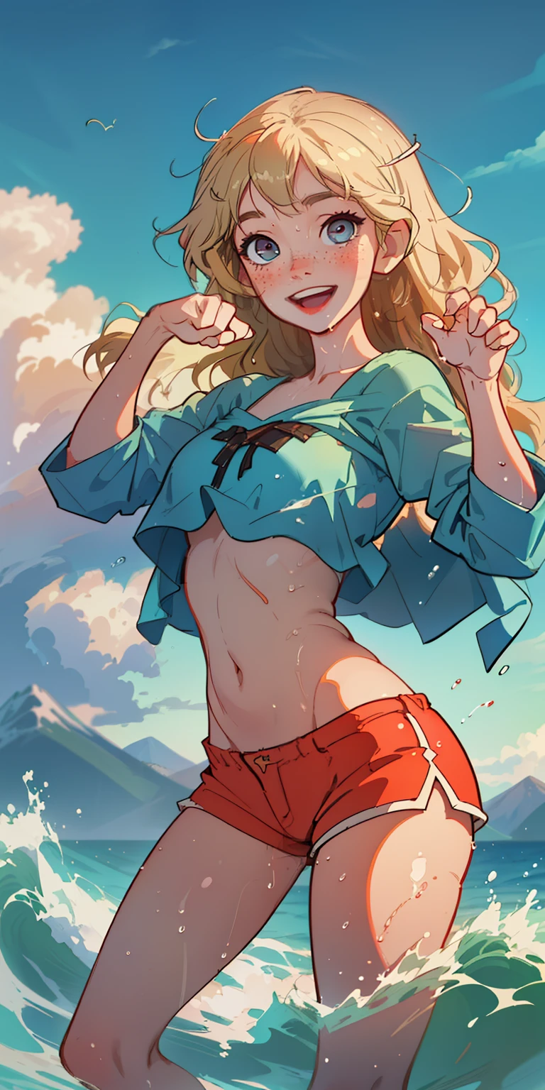 (best quality, masterpiece), 1girl, paw pose, smile, laughing, ocean, bandeau, shorts, blonde, freckles, blush, looking at viewer, wavy hair, cloud, splashing, waves, sun, mountain, wet, navel, underboob
