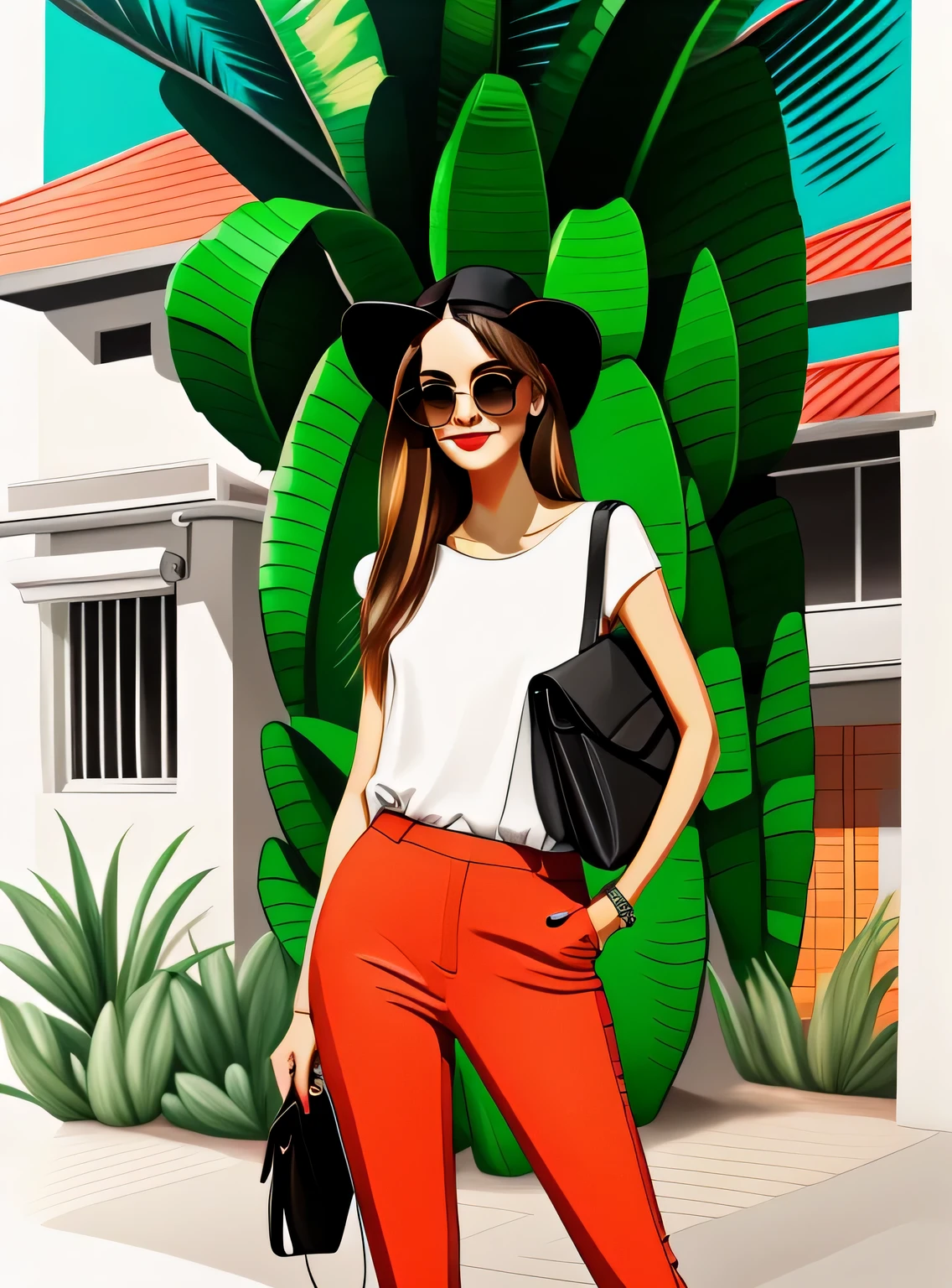 a woman smiling in red pants and a white blouse with a black bag and sunglasses on her head and a palm tree in the background, Drew Tucker, digital illustration, arte digital, arte digital