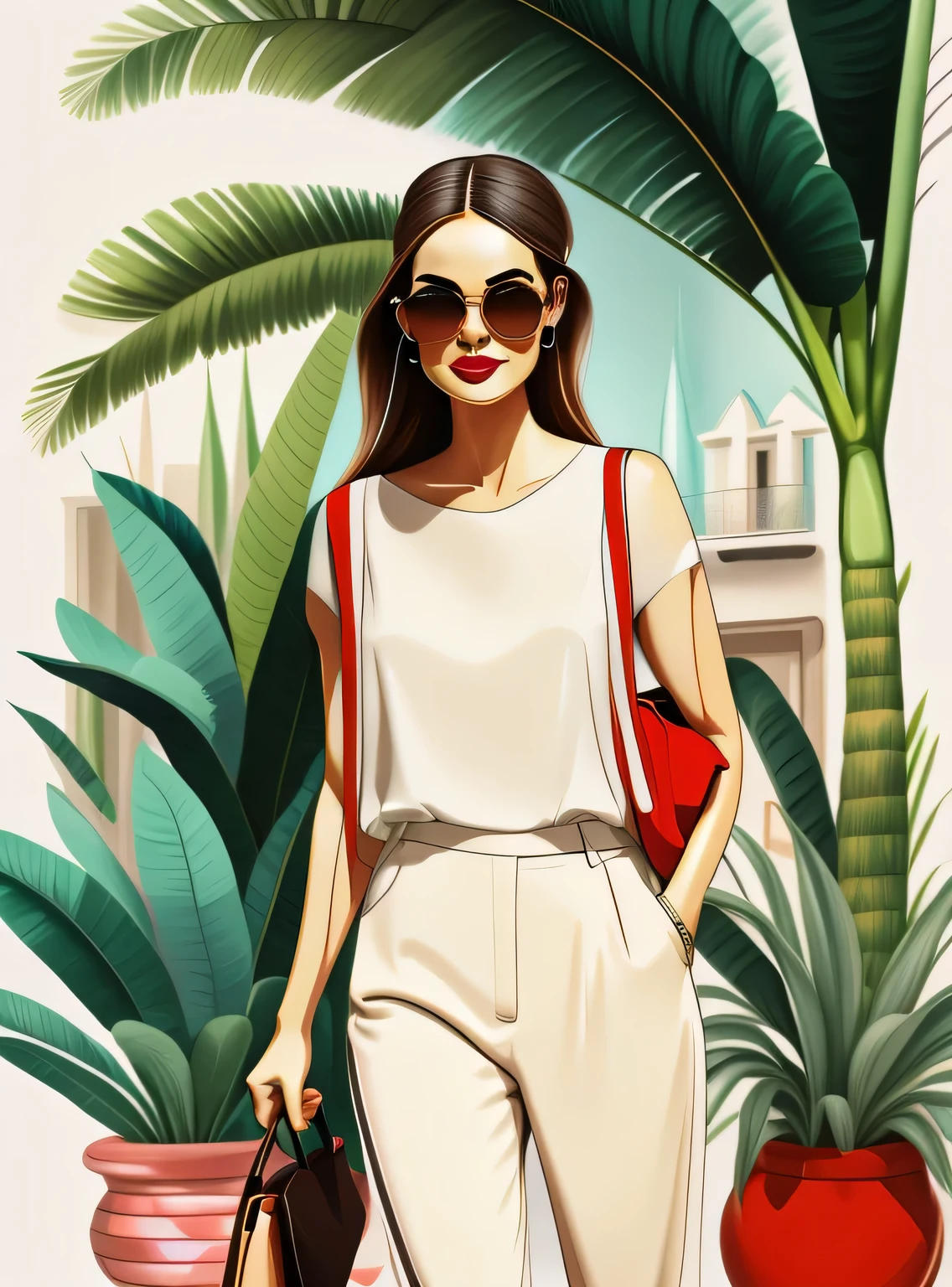 a woman smiling in red pants and a white blouse with a black bag and sunglasses on her head and a palm tree in the background, Drew Tucker, digital illustration, arte digital, arte digital