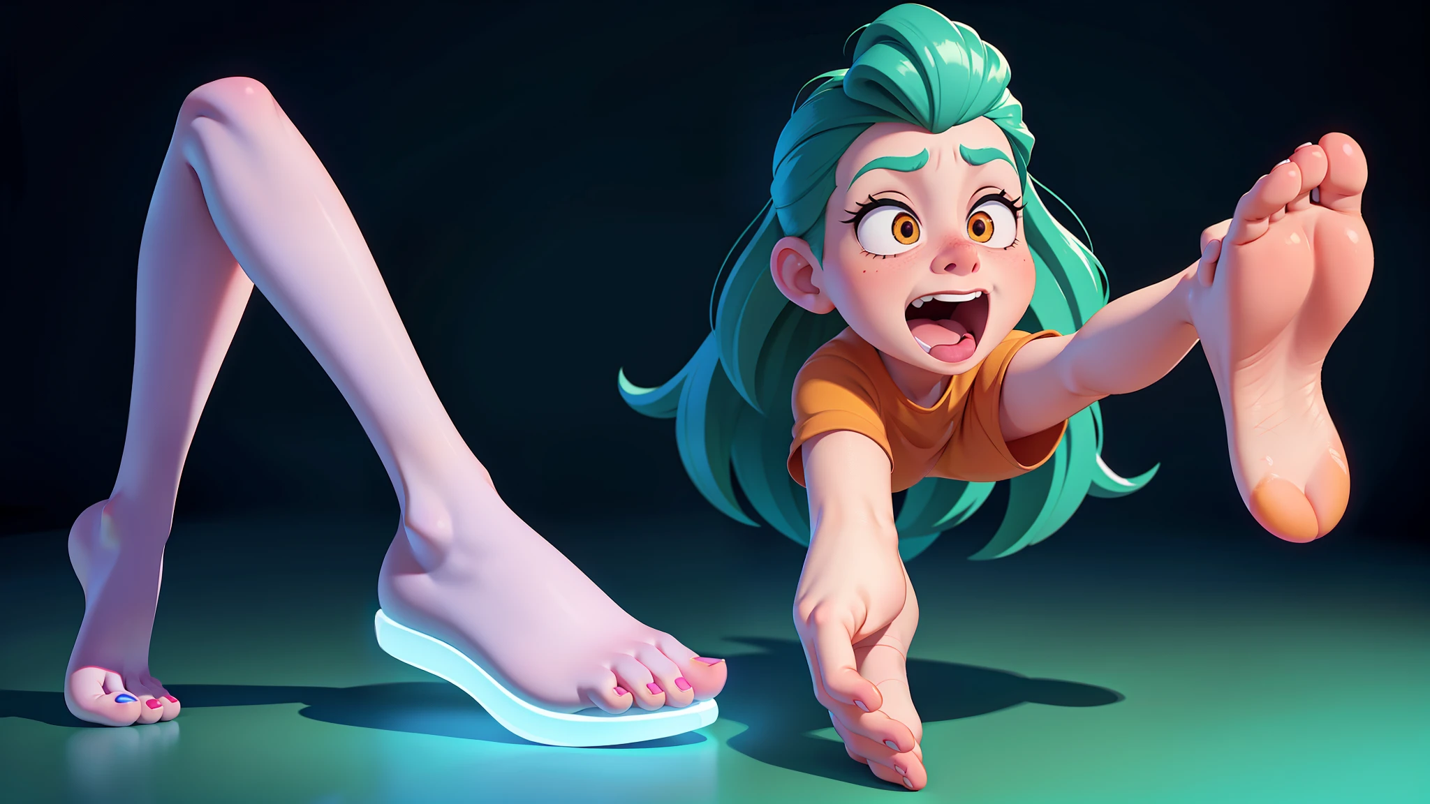 1girl, glowing eyes, foot focus, disgusted expression, 3D Disney style