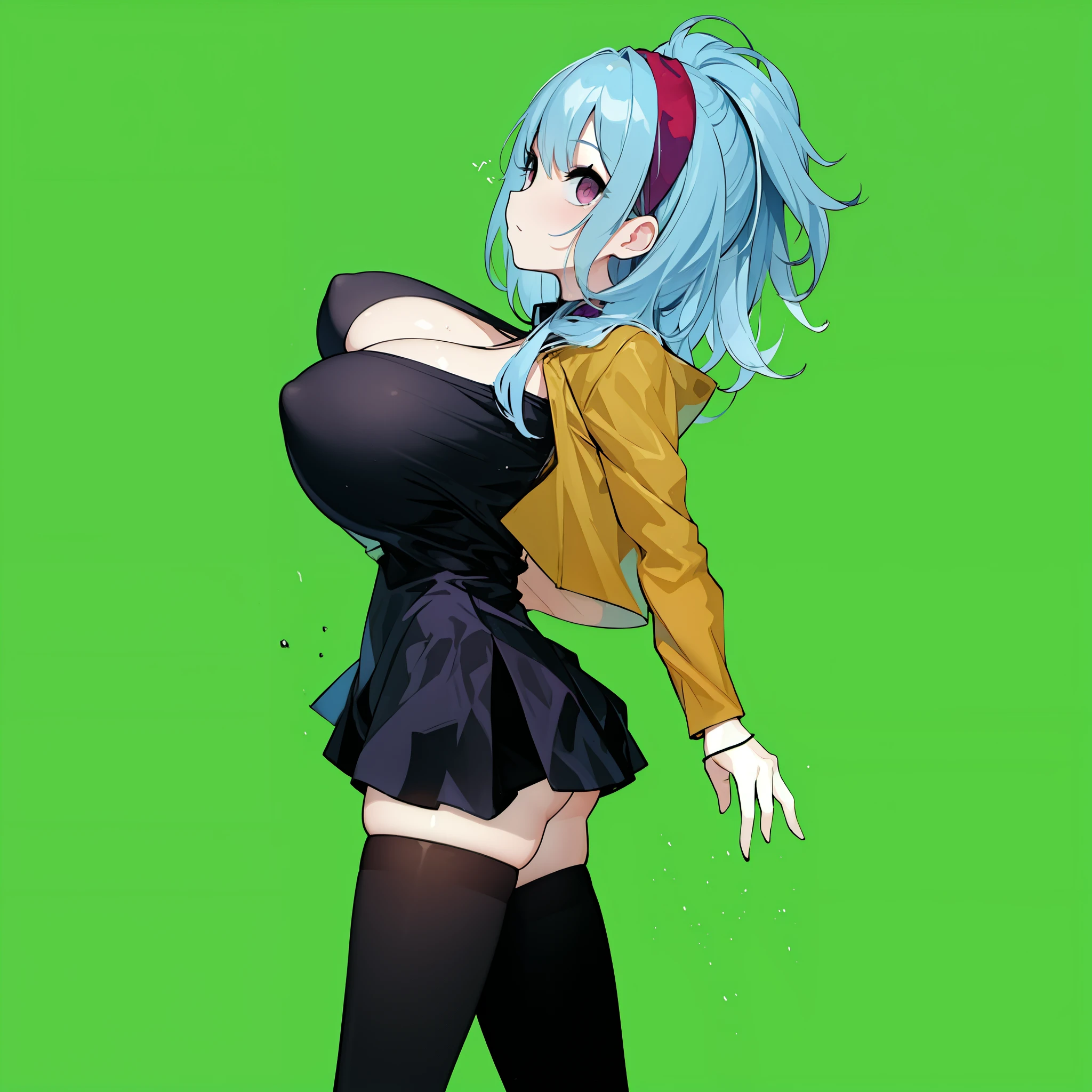 1 skinny girl, solo, light blue hair, side face, BREAK, red headband, BREAK, (dark purple eye:1.4), bending back, looking at viewer, BREAK, black plunging neckline short dress, dark yellow cropped jacket, black thighhighs, BREAK, (bouncing unaligned long huge breasts:1.5), very short torso, (inconceivably narrow waist), thin long legs, BREAK, (show off crotch:1.4), BREAK, strong wind, (slipping hip)