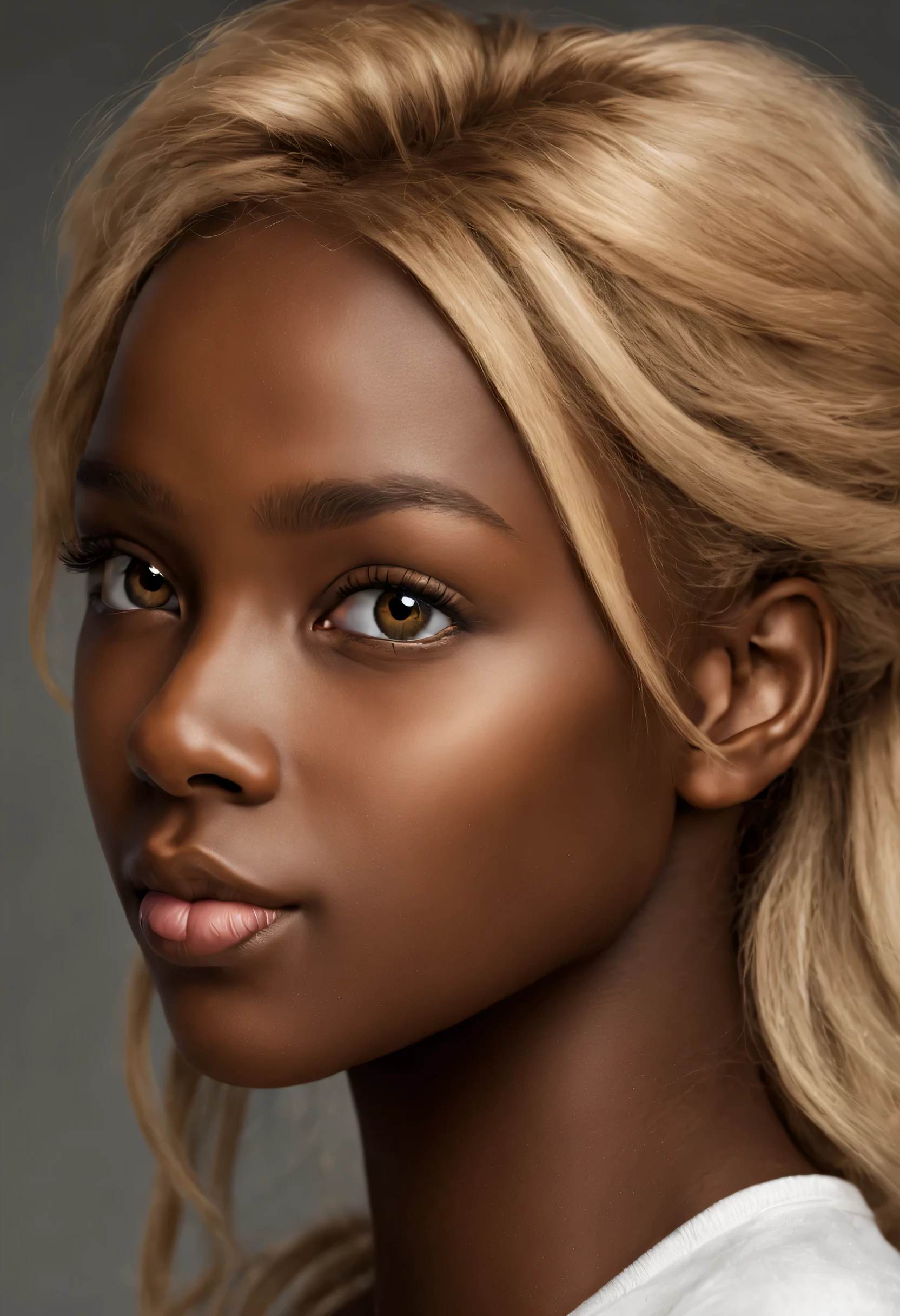 highres,best quality,natural,black beauty, blonde hair, dark skin, very bright light brown eyes