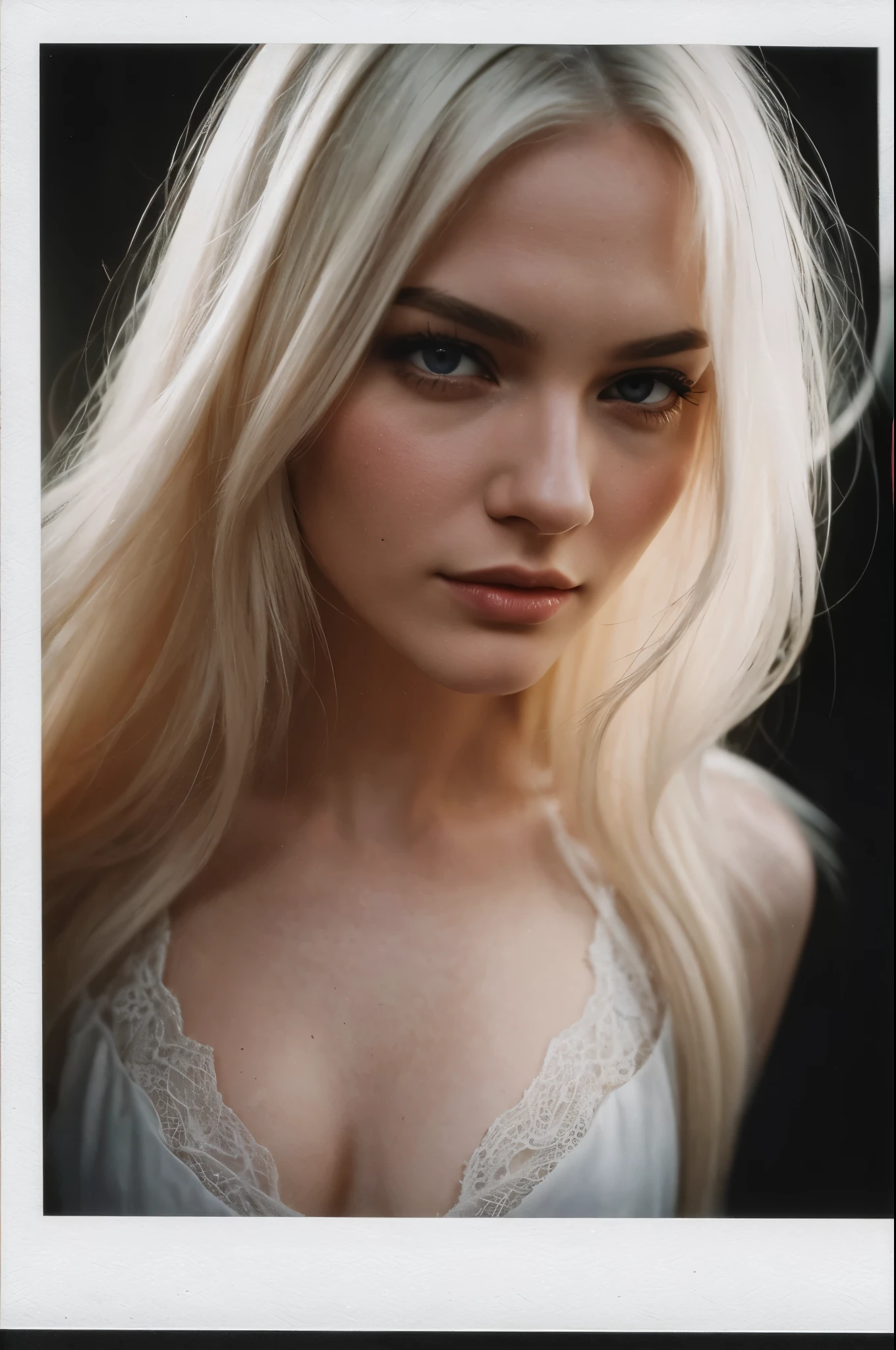 arafed instagram supermodel, european features, mid-length white hair, pale skin, perfect face, looking hot, victoria secret body, 2ne1, harsh polaroid flash, vintage quality, in the night, dark background, one girl, vogue, white silk