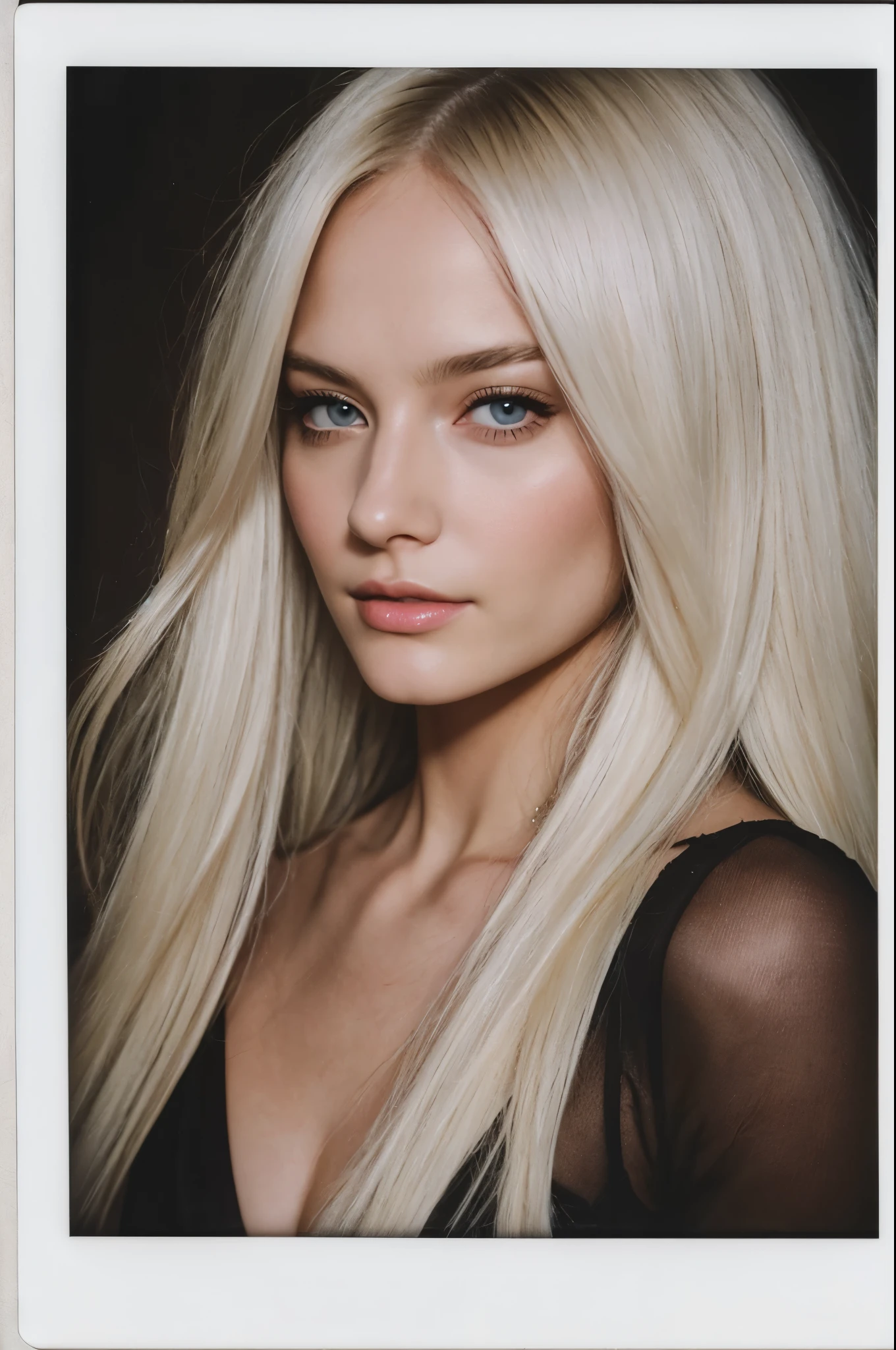 arafed instagram supermodel, european features, mid-length white hair, pale skin, perfect face, looking hot, victoria secret body, 2ne1, harsh polaroid flash, vintage quality, in the night, dark background, one girl, vogue, white silk
