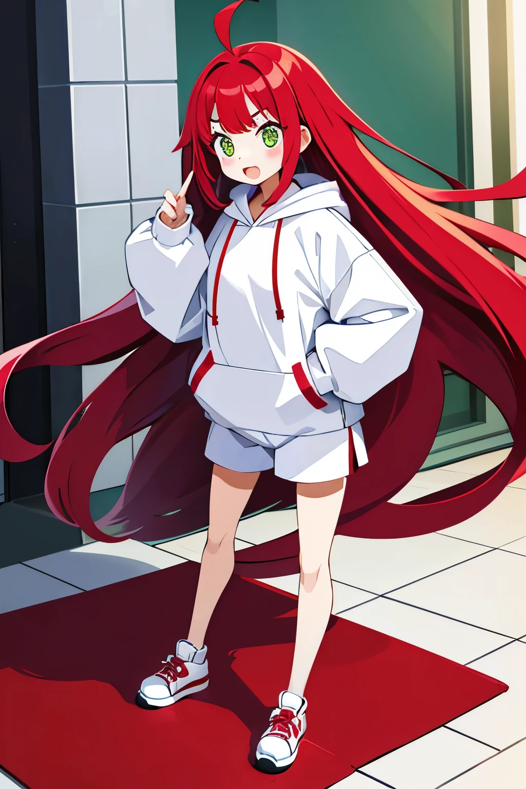  young baby face shy slanted eyes slightly open mouth red cheeks squishy bangs long flowing hair thin ahoge pale red hair yellow-green eyes white pupils slightly white skin Innerwear shorts baggy hoodie leather shoes shoulder bag cute gesture