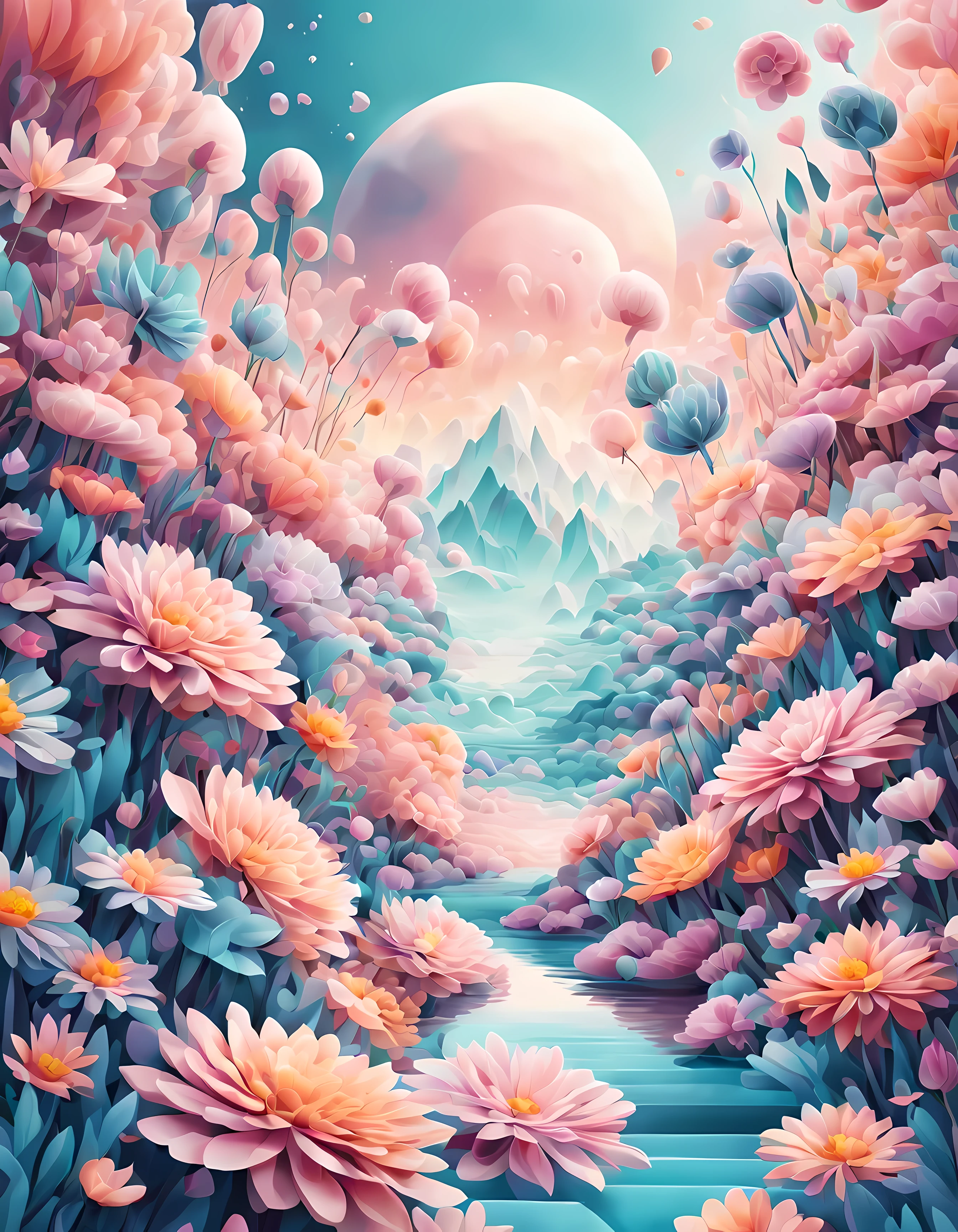 Design a visually captivating surreal ((cosmic)) masterpiece where celestial ((flowers)) are vibrant geometric shapes in a sea of ethereal pastel hues, each petal represents a distant galaxy, and the interplay of colors and patterns forms an otherworldly landscape, masterpiece in maximum 16K resolution, superb quality. | ((More_Detail))
