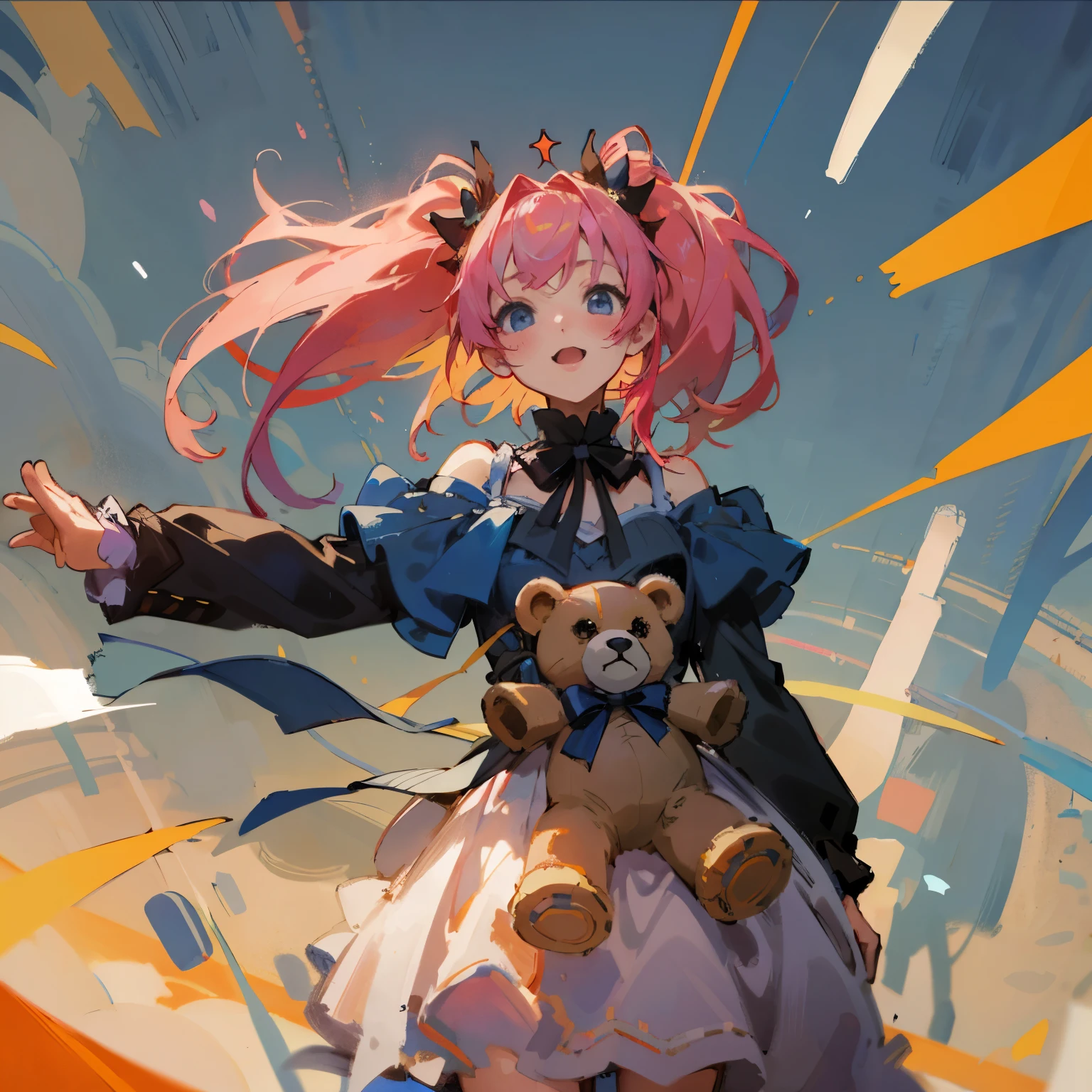 masterpiece、highest quality、Anime girl in a blue dress with pink hair and a teddy bear, on pixiv artstation, anime moe、 Gwaites style artwork, Highly rated on pixiv, feminine