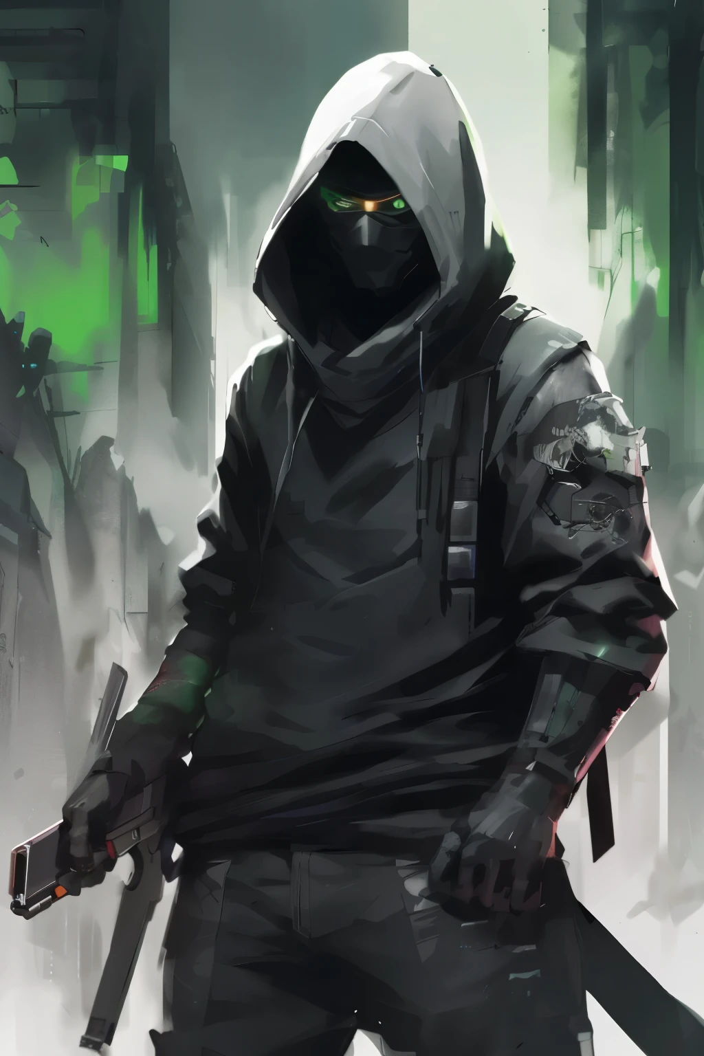 there is a man with a hoodie holding a phone, cyberpunk street goon, cyberpunk assassin, dark cyberpunk illustration, badass anime 8 k, cyberpunk soldier, clothed in stealth armor, cyberpunk character art, cyberpunk dark fantasy art, cyberpunk digital painting, an edgy assassin, epic scifi character art, cyberpunk dude, cyberpunk hero, cyberpunk hacker, digital cyberpunk anime art