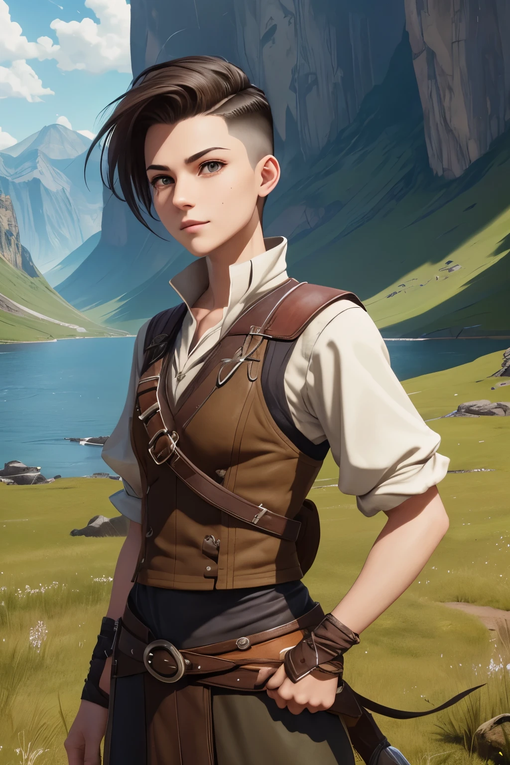 A happy young woman with an undercut in a fantasy setting. An adventurer and ranger. Very androgynous looking. In a good mood. Sympathic. Tomboyish. Androgynous. Slim body. Very . Very small breasts. Wide hips. Thick legs. Face: Extremly pale skin with liverspots and freckles. Soft narrow face with a round chin. Soft small jaw. Big forehead. Very thin barely visible eyebrows. Upturned big dark-brown eyes. Dark-brown eyecolour. Very long and wide nose. Big curved lips. Very short dark-brown hair. A boyish short haircut. Undercut. Sides shaved. A tight fantasy outfit of a lonley ranger and adventuerer. Background: Wide colourful plains. Green grass. A big lake. Shiny blue sky. Wonderful weather. Sense of wideness and freedom.