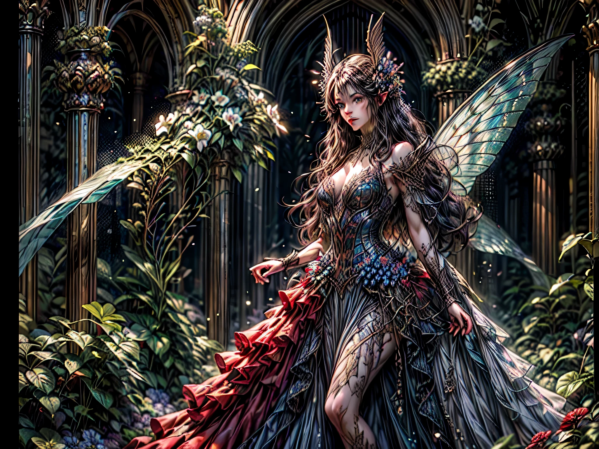 high details, best quality, 16k, RAW, [best detailed], masterpiece, best quality, (extremely detailed), full body, ultra wide shot, photorealistic, dark fantasy art, goth art, RPG art, D&D art, a picture of a dark female fairy resting in a flower meadow, extremely beautiful fairy, ultra feminine (intense details, Masterpiece, best quality), best detailed face (intense details, Masterpiece, best quality), having wide butterfly wings, spread butterfly wings (intense details, Masterpiece, best quality), dark colors wings (intense details, Masterpiece, best quality), black hair, long hair, shinning hair, flowing hair, shy smile, innocent smile, blue eyes, dark red lips, wearing [red] dress latex corset (intense details, Masterpiece, best quality), dynamic elegant shirt, chocker, wearing high heels, in dark colored flower meadow (intense details, Masterpiece, best quality), (red flowers: 1.2) , (black flowers: 1.2), (white flowers: 1.2), (blue flowers: 1.3) [extreme many flowers] (intense details, Masterpiece, best quality), dark colorful flowers (intense details, Masterpiece, best quality), flower meadow in a dark goth field background, dim light, cinematic light, High Detail, Ultra High Quality, High Resolution, 16K Resolution, Ultra HD Pictures, 3D rendering Ultra Realistic, Clear Details, Realistic Detail, Ultra High Definition