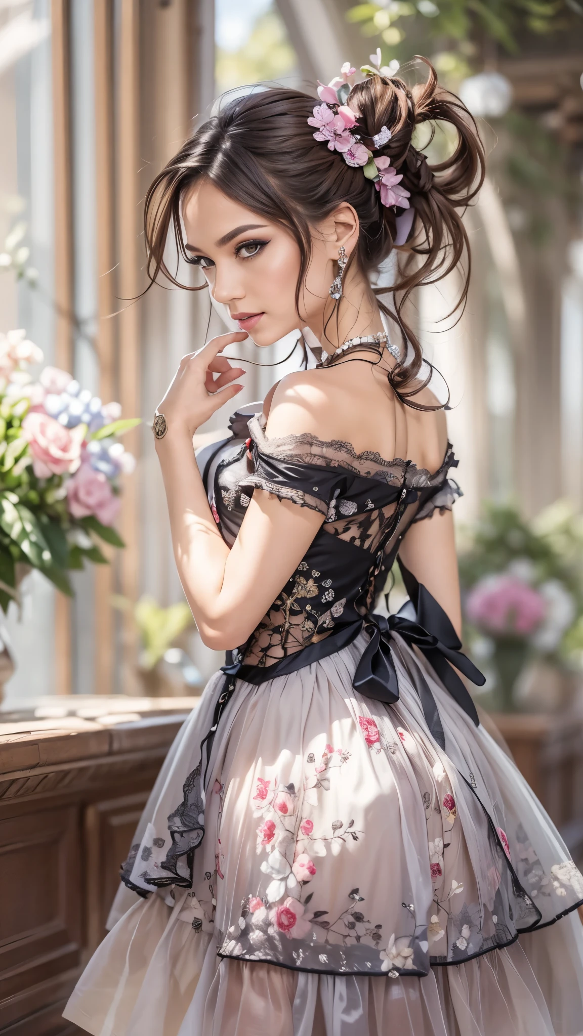 (best quality, masterpiece), 1girl, brunette, ponytails, seductive eyes, intricate details, off shoulder, skirt, choker, frills, ((see-through)), looking at viewer, blushing, upper body, blurry background, floral print, contrapposto