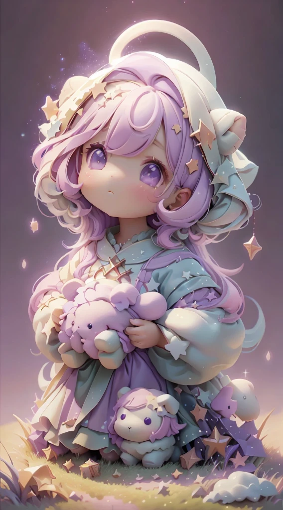 Add background sky with pink and purple clouds and stars. fantasy land, Grass, Heavenly like. Keep the white puppy from one image to another