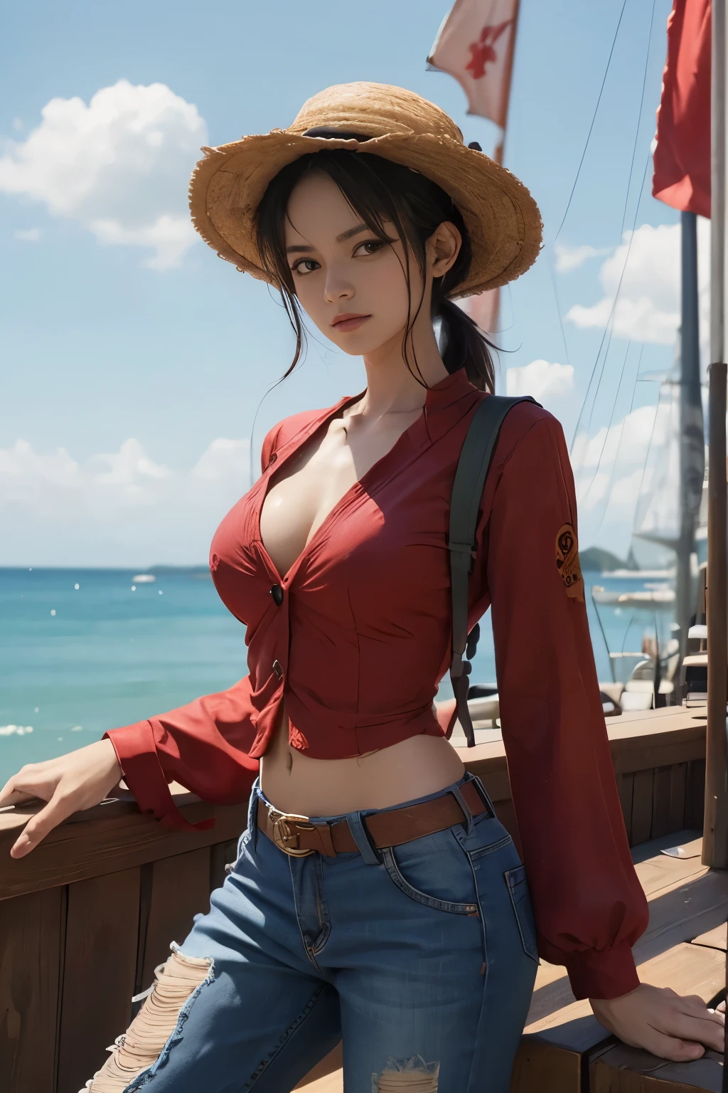 Luffy, Luffy from One Piece, Luffy when he becomes a sexy woman, big breast, monkey d luffy outfit, short ripped blue jeans, red outfit, was on the going merry ship's deck, gomu gomu no skill