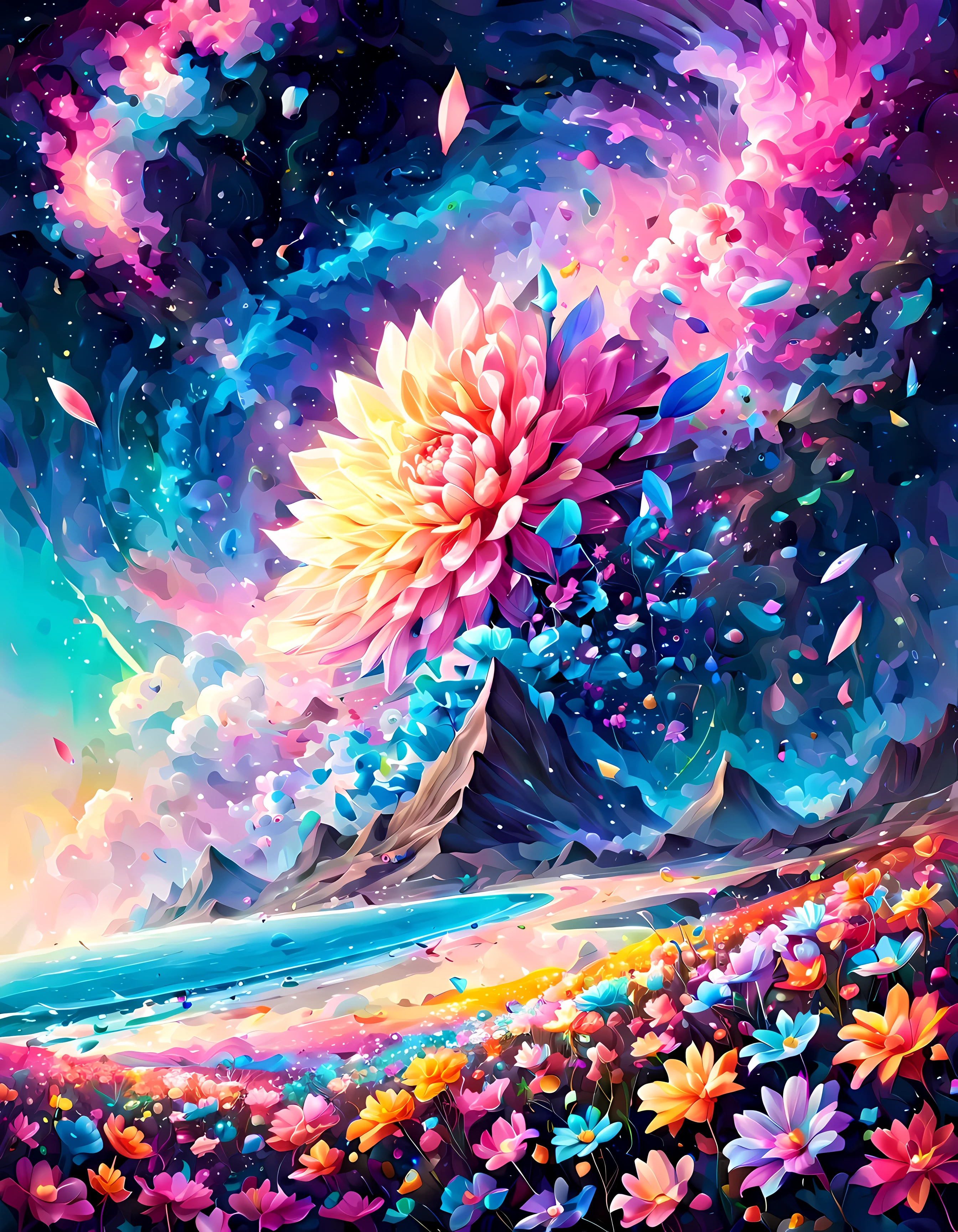 Design a visually captivating surreal cosmic masterpiece where celestial ((floweranifest as vibrant geometric shapes in a sea of ethereal pastel hues, each petal represents a distant galaxy, and the interplay of colors and patterns forms an otherworldly landscape, masterpiece in maximum 16K resolution, superb quality. | ((More_Detail))