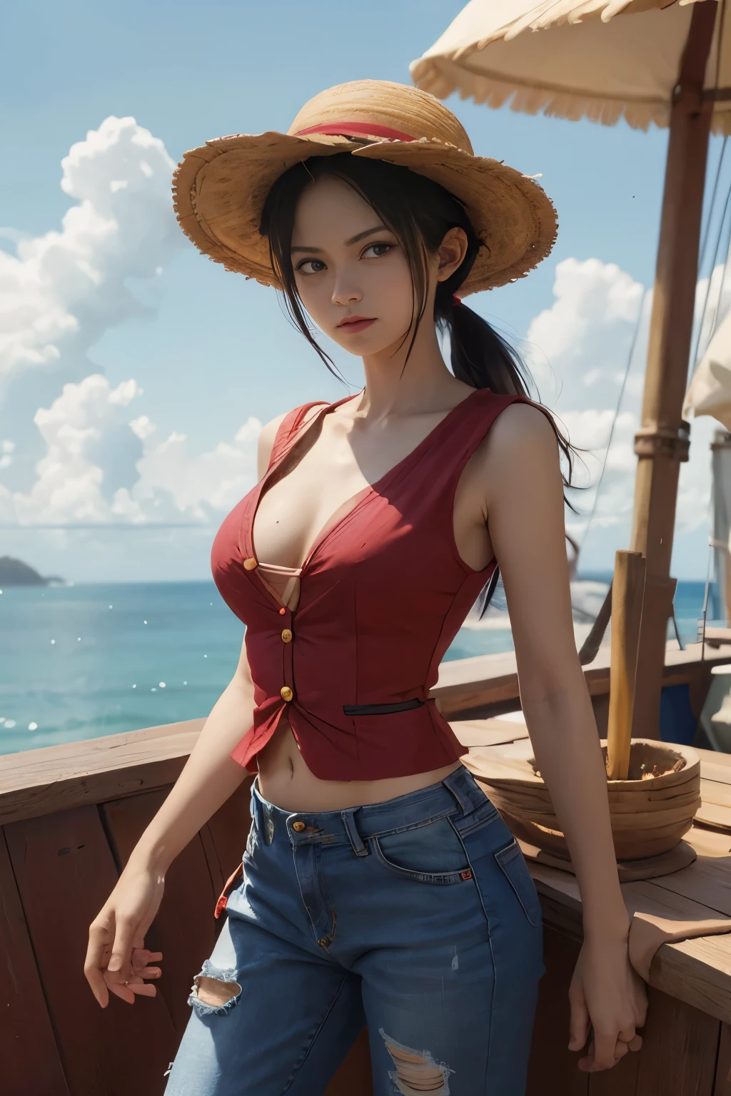 Luffy, Luffy from One Piece, Luffy when he becomes a sexy woman, big breast, monkey d luffy outfit, short ripped blue jeans, red outfit, was on the going merry ship's deck, gomu gomu no skill, straw hat monkey d luffy one piece