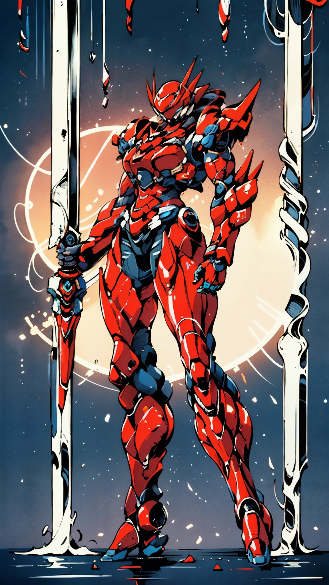 A woman adorned in fantasy-style full-body armor, a crown-concept fully enclosed helmet that unveils only her eyes, a composite layered chest plate, fully encompassing shoulder and hand guards, a lightweight waist armor, form-fitting shin guards, the overall design is heavy-duty yet flexible, ((the armor gleams with a golden glow, complemented by red and blue accents)), exhibiting a noble aura, she floats above a fantasy-surreal high-tech city, this character embodies a finely crafted fantasy-surreal style armored hero in anime style, exquisite and mature manga art style, (Queen bee mixed with Spider concept Armor, plasma, blood), ((Element, energy, elegant, goddess, femminine:1.5)), metallic, high definition, best quality, highres, ultra-detailed, ultra-fine painting, extremely delicate, professional, anatomically correct, symmetrical face, extremely detailed eyes and face, high quality eyes, creativity, RAW photo, UHD, 32k, Natural light, cinematic lighting, masterpiece-anatomy-perfect, masterpiece:1.5