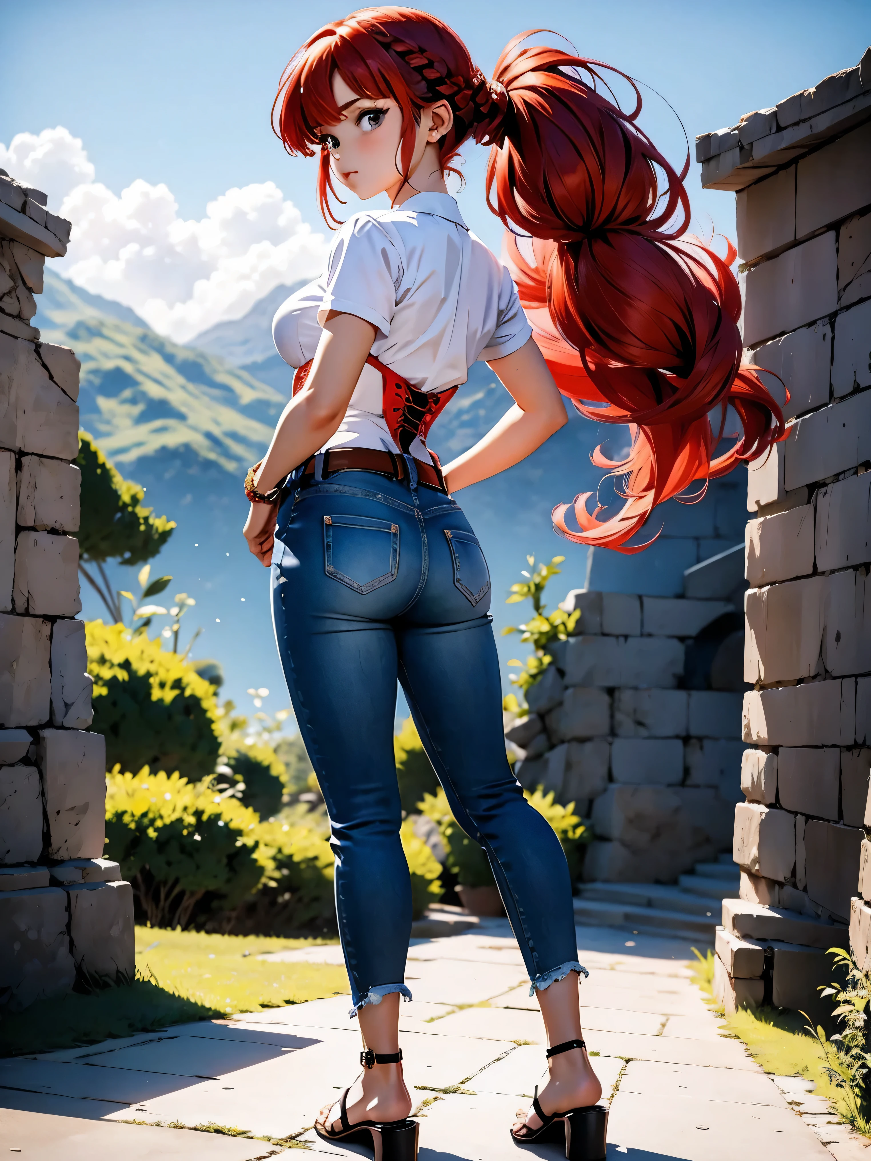 Garota Ruiva de anime em bermuda jeans e corset pink, saia, 16 anos, corpo bonito, seios grandes, with hands on hips and in hair, hand on ass and hair, Garota sexy, red hair with braid, mechas de cabelo laterais, mechas de cabelo na lateral do rosto, beautiful lighting, sombras suaves, olhos azuis, pernas bonitas, hair with braid, estilo anime, Ranma Chan, Autora Rumiko Takahashi, Baseado em obra de Rumiko Takahashi, Anime Ranma 1/ 2, decote sexy, quadril robusto, corpo inteiro, corpo inteiro, busto grande, garota jovem baixa estatura, com corpo belo e bonito, sandals on his feet, garota 16 anos jovem, baixa estatura, vestindo short jeans e corset pink, garota anime, estilo anime, beautiful feet in sandals, 45° viewing angle, ao ar livre, red hair braid, grande , peito grande, mecha de cabelo frontal volumosa