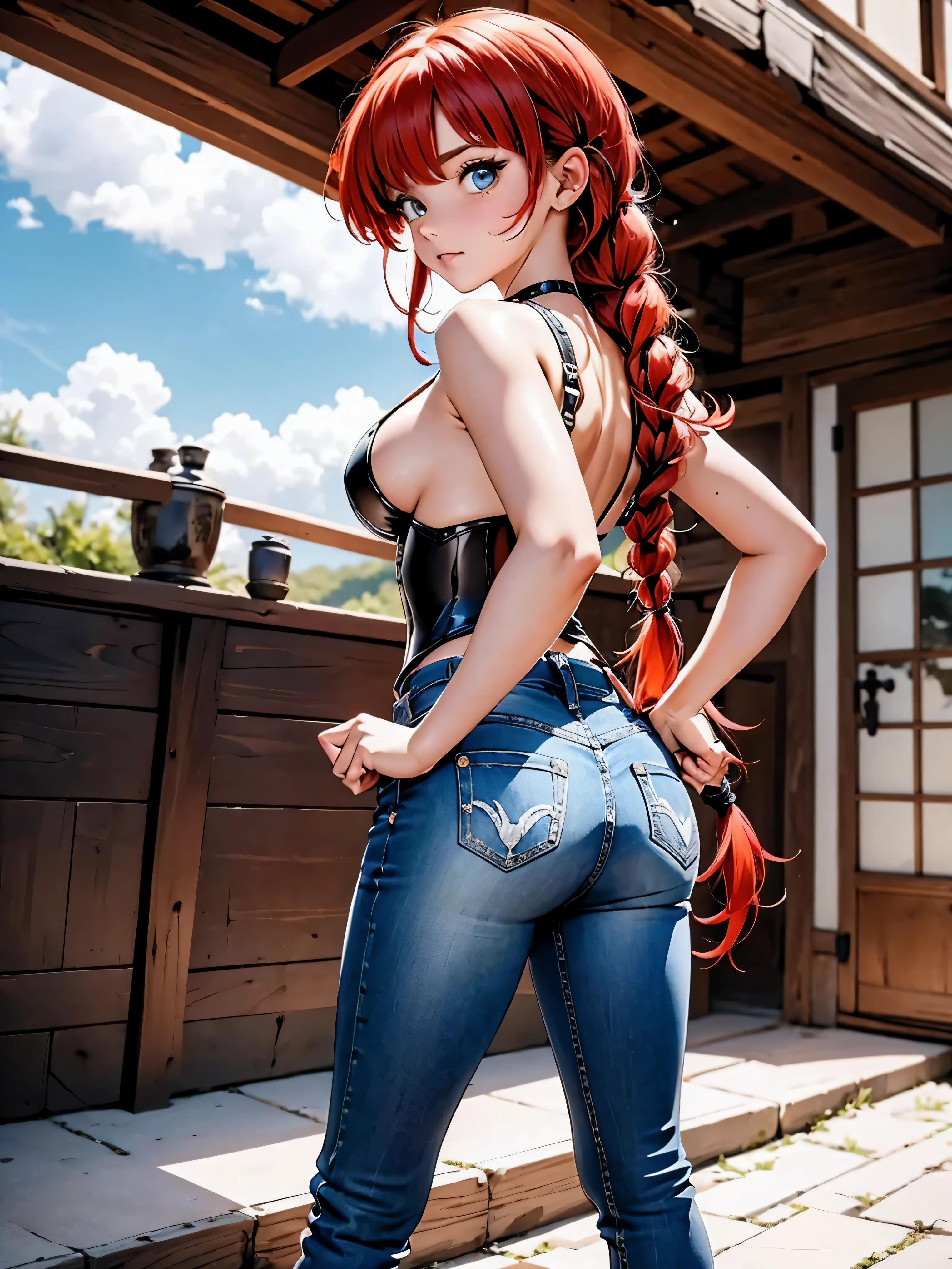 Garota Ruiva de anime em bermuda jeans e corset pink, saia, , corpo bonito, seios grandes, with hands on hips and in hair, hand on ass and hair, Garota sexy, red hair with braid, mechas de cabelo laterais, mechas de cabelo na lateral do rosto, beautiful lighting, sombras suaves, olhos azuis, pernas bonitas, hair with braid, estilo anime, Ranma Chan, Autora Rumiko Takahashi, Baseado em obra de Rumiko Takahashi, Anime Ranma 1/ 2, decote sexy, quadril robusto, corpo inteiro, corpo inteiro, busto grande, garota jovem baixa estatura, com corpo belo e bonito, sandals on his feet, garota 16 anos baixa estatura, vestindo short jeans e corset pink, garota anime, estilo anime, beautiful feet in sandals, 45° viewing angle, ao ar livre, red hair braid, grande , peito grande, mecha de cabelo frontal volumosa