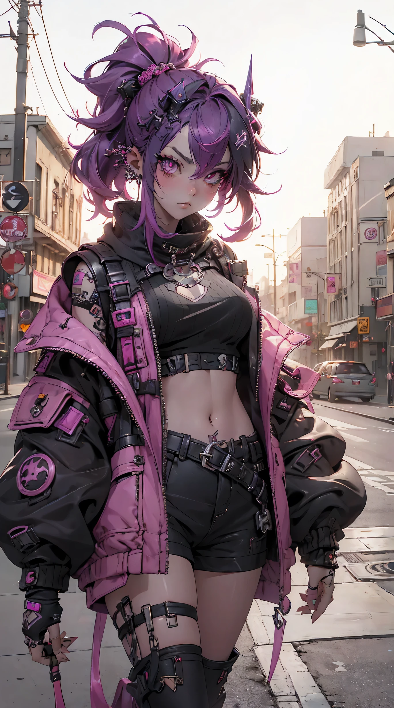 (highest quality、8k、32K、masterpiece、nffsw:1.3)、(Photoreal:1.4),(Low - Angle,looking at the viewer,1.5)18-year-old punk girl,quirky punk hair,(gas mask 1.5)、((black and shocking red punk fashion 1.5)),clothes with studs、(pink hair.5),Wacky makeup、night city background,Glare of street lamps、Lens flare、written boundary depth,blurred background,,,,,,,,,,,,