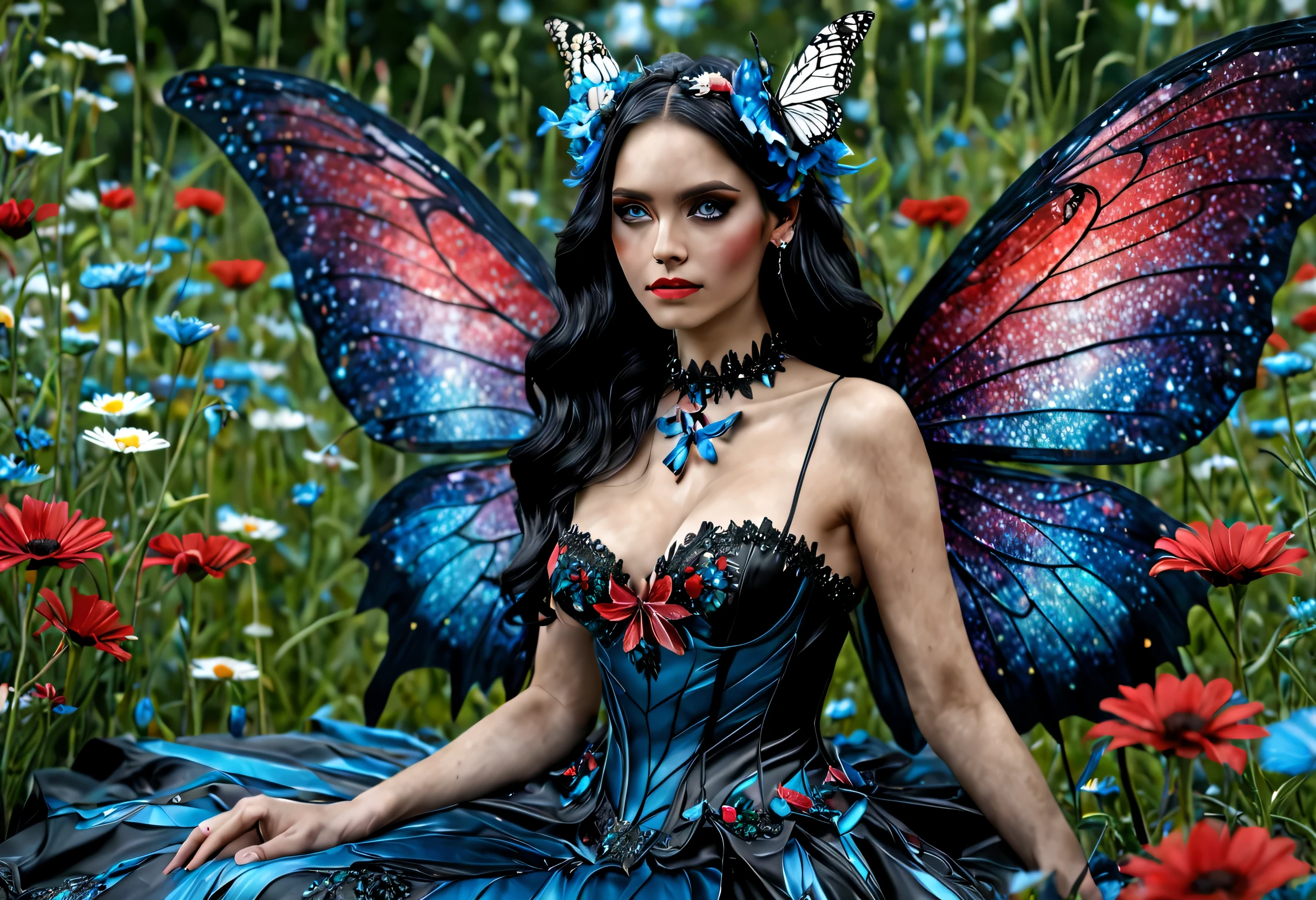 high details, best quality, 16k, RAW, [best detailed], masterpiece, best quality, (extremely detailed), full body, ultra wide shot, photorealistic, dark fantasy art, goth art, RPG art, D&D art, a picture of a dark female fairy resting in a flower meadow, extremely beautiful fairy, ultra feminine (intense details, Masterpiece, best quality), best detailed face (intense details, Masterpiece, best quality), having wide butterfly wings, spread butterfly wings (intense details, Masterpiece, best quality), dark colors wings (intense details, Masterpiece, best quality), black hair, long hair, shinning hair, flowing hair, shy smile, innocent smile, blue eyes, dark red lips, wearing [red] dress latex corset (intense details, Masterpiece, best quality), dynamic elegant shirt, chocker, wearing high heels, in dark colored flower meadow (intense details, Masterpiece, best quality), (red flowers: 1.2) , (black flowers: 1.2), (white flowers: 1.2), (blue flowers: 1.3) [extreme many flowers] (intense details, Masterpiece, best quality), dark colorful flowers (intense details, Masterpiece, best quality), flower meadow in a dark goth field background, dim light, cinematic light, High Detail, Ultra High Quality, High Resolution, 16K Resolution, Ultra HD Pictures, 3D rendering Ultra Realistic, Clear Details, Realistic Detail, Ultra High Definition, DonMF41ryW1ng5XL