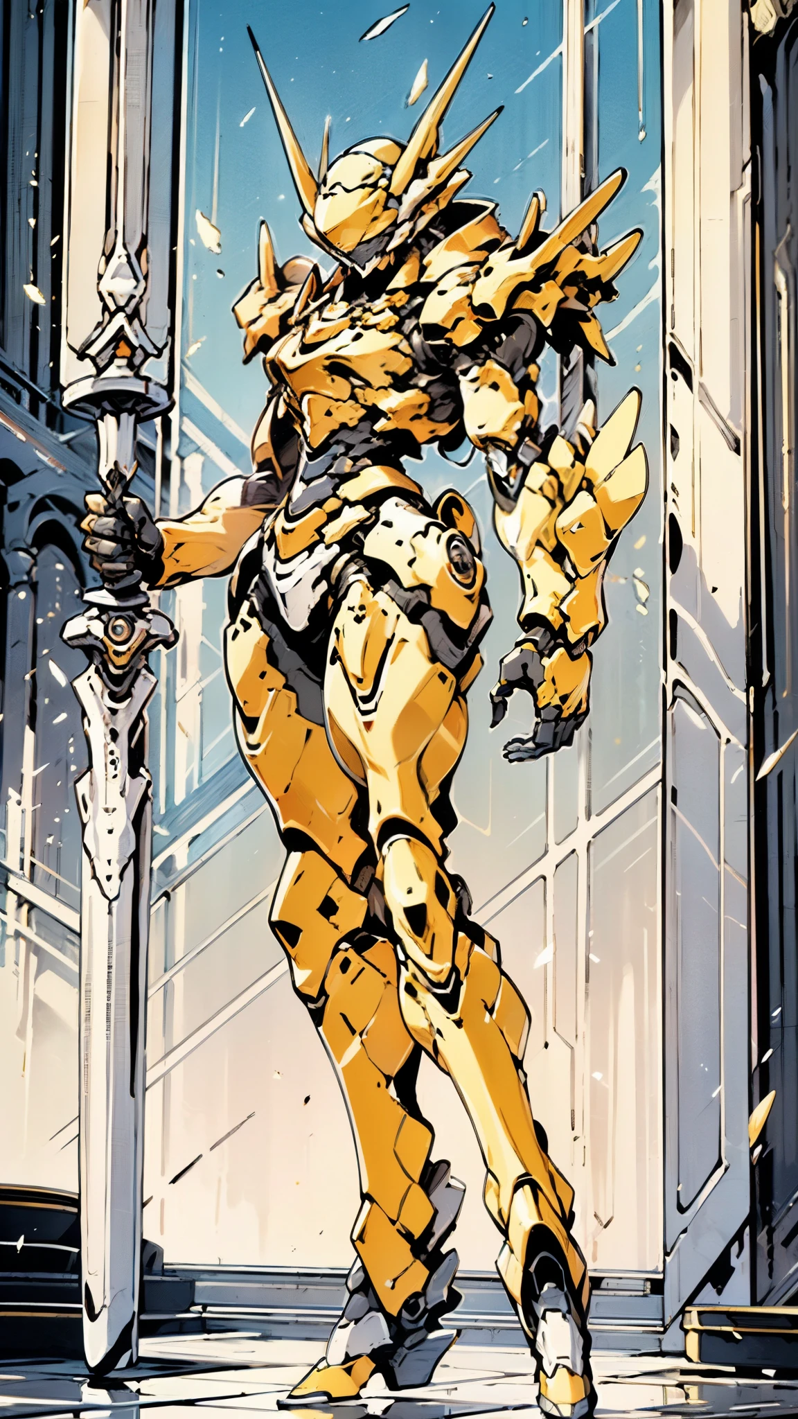 A woman adorned in fantasy-style full-body armor, a crown-concept fully enclosed helmet that unveils only her eyes, a composite layered chest plate, fully encompassing shoulder and hand guards, a lightweight waist armor, form-fitting shin guards, the overall design is heavy-duty yet flexible, ((the armor gleams with a golden glow, complemented by red and blue accents)), exhibiting a noble aura, she floats above a fantasy-surreal high-tech city, this character embodies a finely crafted fantasy-surreal style armored hero in anime style, exquisite and mature manga art style, (Queen bee mixed with Spider concept Armor, plasma, blood), ((Element, energy, elegant, goddess, femminine:1.5)), metallic, high definition, best quality, highres, ultra-detailed, ultra-fine painting, extremely delicate, professional, anatomically correct, symmetrical face, extremely detailed eyes and face, high quality eyes, creativity, RAW photo, UHD, 32k, Natural light, cinematic lighting, masterpiece-anatomy-perfect, masterpiece:1.5