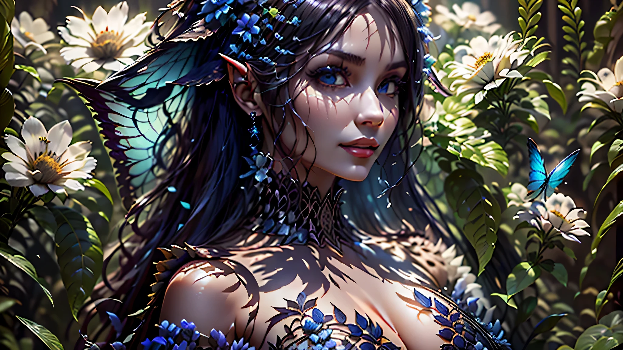 high details, best quality, 16k, RAW, [best detailed], masterpiece, best quality, (extremely detailed), full body, ultra wide shot, photorealistic, dark fantasy art, goth art, RPG art, D&D art, a picture of a dark female fairy resting in a flower meadow, extremely beautiful fairy, ultra feminine (intense details, Masterpiece, best quality), best detailed face (intense details, Masterpiece, best quality), having wide butterfly wings, spread butterfly wings (intense details, Masterpiece, best quality), dark colors wings (intense details, Masterpiece, best quality), black hair, long hair, shinning hair, flowing hair, shy smile, innocent smile, blue eyes, dark red lips, wearing [red] dress latex corset (intense details, Masterpiece, best quality), dynamic elegant shirt, chocker, wearing high heels, in dark colored flower meadow (intense details, Masterpiece, best quality), (red flowers: 1.2) , (black flowers: 1.2), (white flowers: 1.2), (blue flowers: 1.3) [extreme many flowers] (intense details, Masterpiece, best quality), dark colorful flowers (intense details, Masterpiece, best quality), flower shop in a dark goth era street background, dim light, cinematic light, gaslight lamp light, High Detail, Ultra High Quality, High Resolution, 16K Resolution, Ultra HD Pictures, 3D rendering Ultra Realistic, Clear Details, Realistic Detail, Ultra High Definition