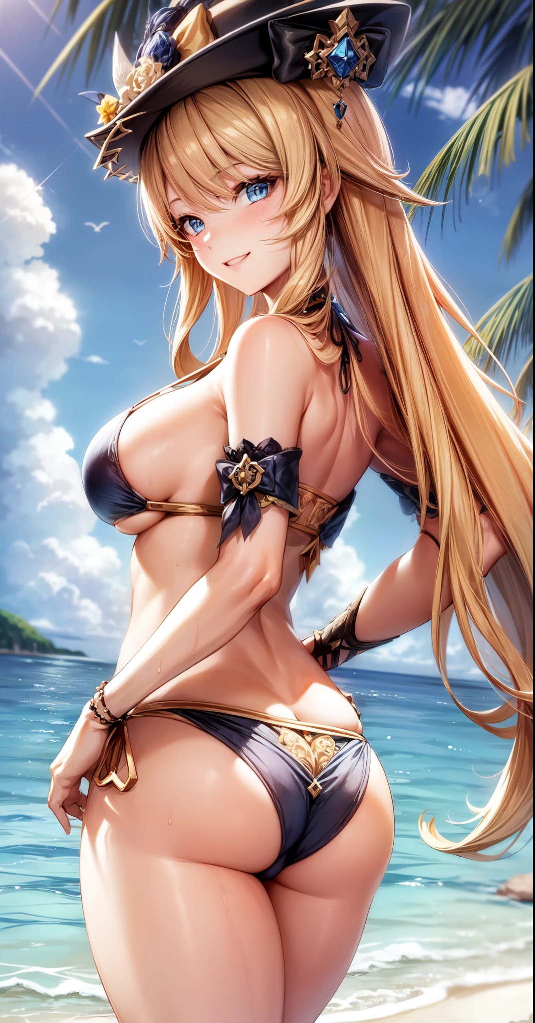 anime, beautiful face, highly detailed face, 2 accurate legs, blue detailed eyes, highly detailed beach background, perfect lighting, best body lighting, navia hat, 1girl, solo, navia, genshin impact, outdoors, beautiful blonde long hair, absurdres, high res, ultrasharp, 8K, masterpiece, looking at viewer, (teasing smile:1.2), blushing loads, BREAK (detailed sexy beach bikini:1.5), all intricate lace, (elegant pose:1.2), (view from behind:1.3), ass view, looking over her shoulders