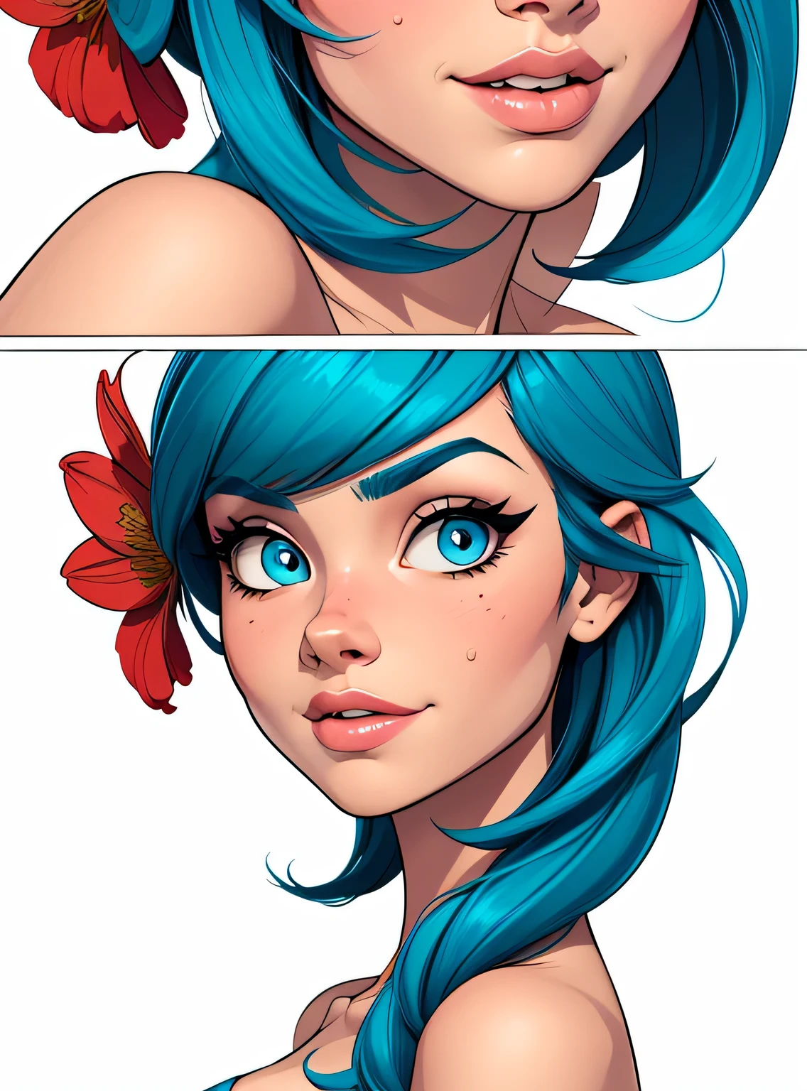(estilo de desenho animado:1.2),  desenho de uma garota com cabelo azul, Olhos perfeitos, rosto detalhado, flores, fundo branco, Seios pequenos 