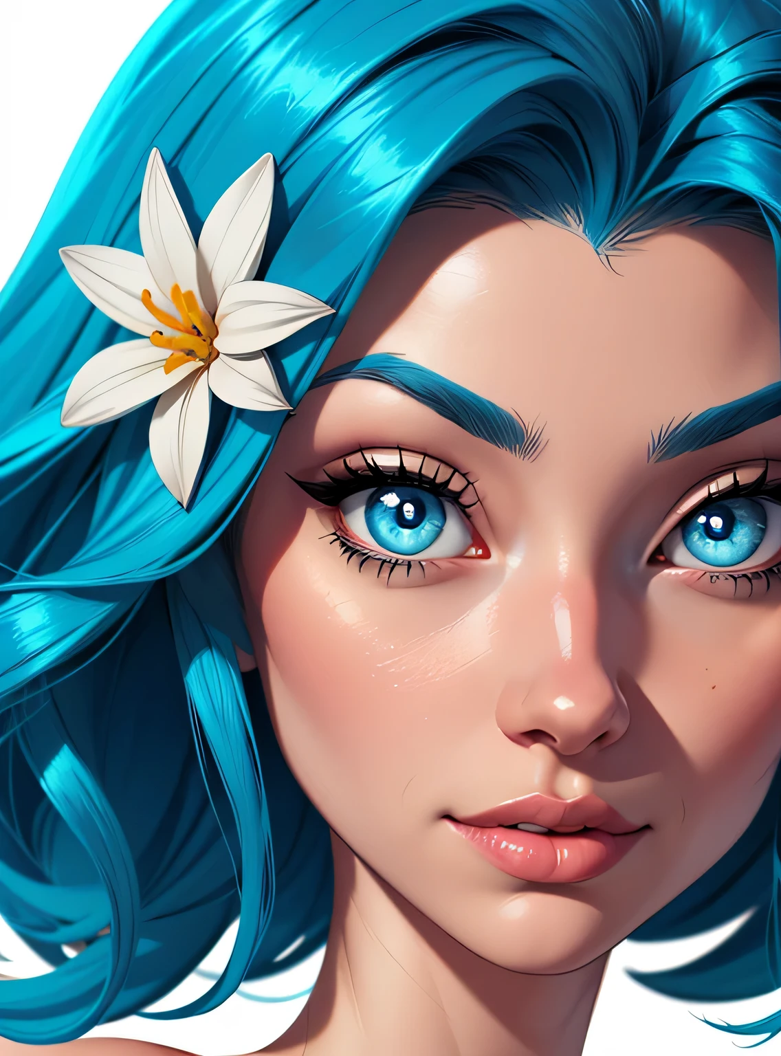 (estilo de desenho animado:1.2), desenho de uma garota com cabelo azul, Olhos perfeitos, rosto detalhado, flores, fundo branco, Seios pequenos