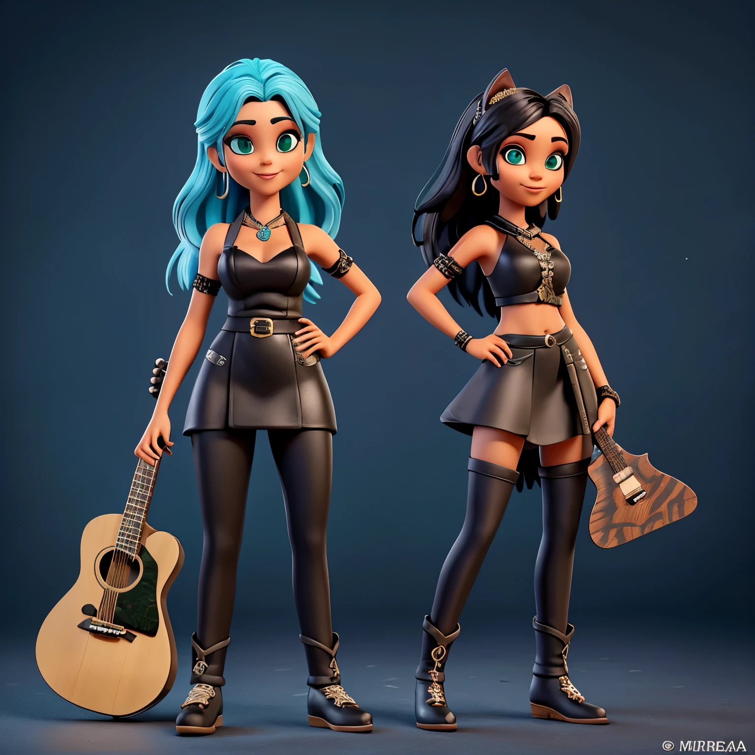 Mulher cabelo preto e pontas loiras, com saia verde longa de bolinhas, top preto, brincos e colares dourados, with a guitar and a Siamese cat