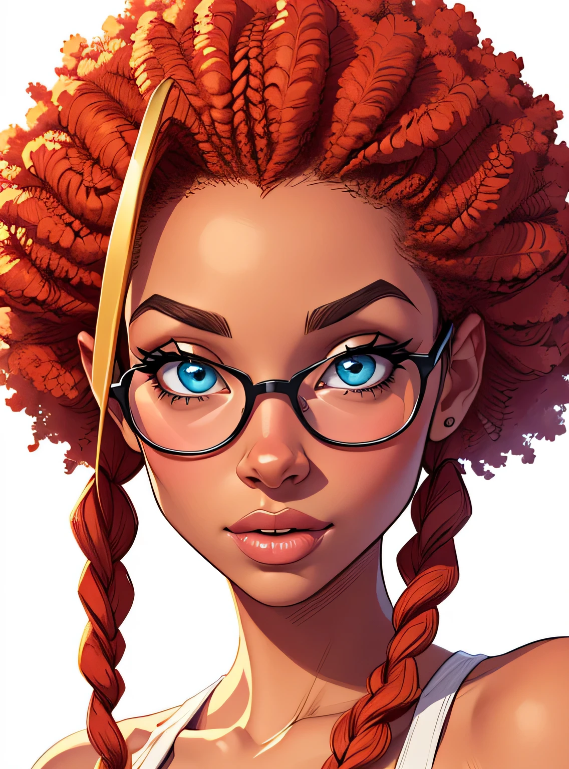 (estilo de desenho animado:1.2),  drawing of afro girl with braids and sunglasses, Olhos perfeitos, rosto detalhado, flores, fundo branco, Seios pequenos 
