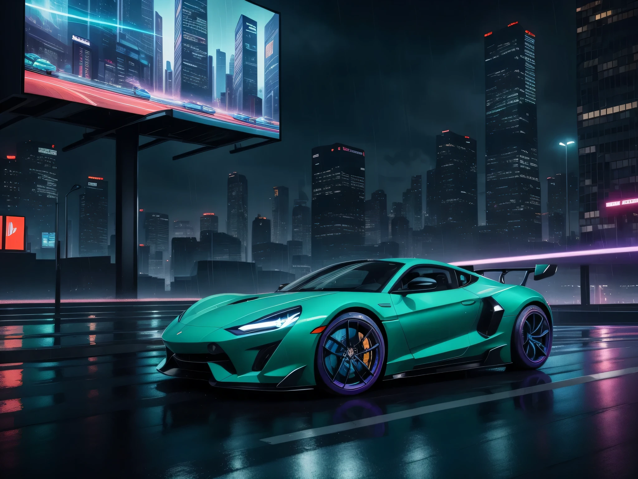 A sports car moves quickly between large buildings in a futuristic and dystopian city. Large advertising billboard lighting up the rainy city. all in blue tones, green, violet, Orange at dusk. surreal, 8k, long shutter style.