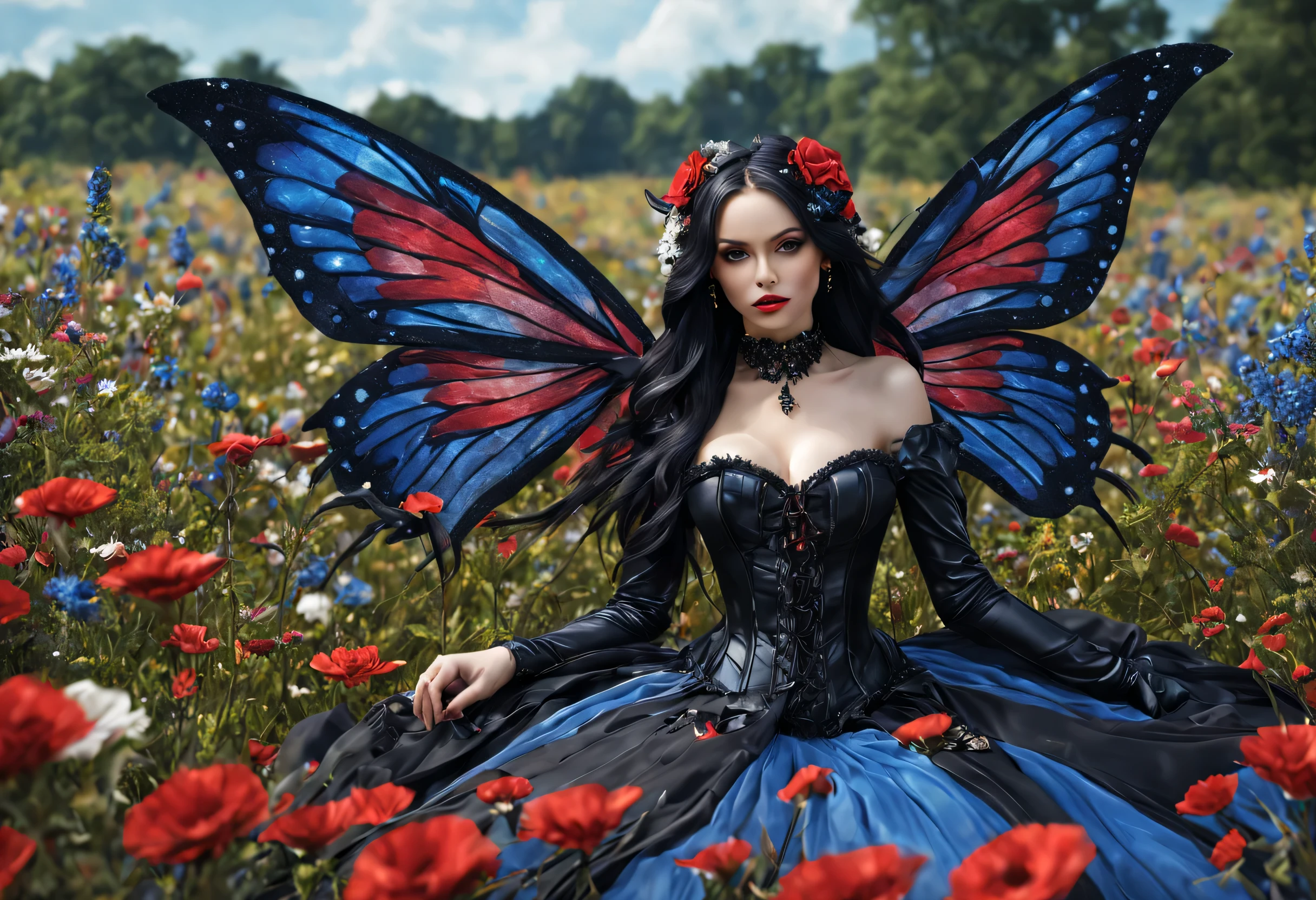 high details, best quality, 16k, RAW, [best detailed], masterpiece, best quality, (extremely detailed), full body, ultra wide shot, photorealistic, dark fantasy art, goth art, RPG art, D&D art, a picture of a dark female fairy resting in a flower meadow, extremely beautiful fairy, ultra feminine (intense details, Masterpiece, best quality), best detailed face (intense details, Masterpiece, best quality), having wide butterfly wings, spread butterfly wings (intense details, Masterpiece, best quality), dark colors wings (intense details, Masterpiece, best quality), black hair, long hair, shinning hair, flowing hair, shy smile, innocent smile, blue eyes, dark red lips, wearing [red] dress latex corset (intense details, Masterpiece, best quality), dynamic elegant shirt, chocker, wearing high heels, in dark colored flower meadow (intense details, Masterpiece, best quality), (red flowers: 1.2) , (black flowers: 1.2), (white flowers: 1.2), (blue flowers: 1.3) [extreme many flowers] (intense details, Masterpiece, best quality), dark colorful flowers (intense details, Masterpiece, best quality), flower meadow in a dark goth field background, dim light, cinematic light, High Detail, Ultra High Quality, High Resolution, 16K Resolution, Ultra HD Pictures, 3D rendering Ultra Realistic, Clear Details, Realistic Detail, Ultra High Definition, DonMF41ryW1ng5XL