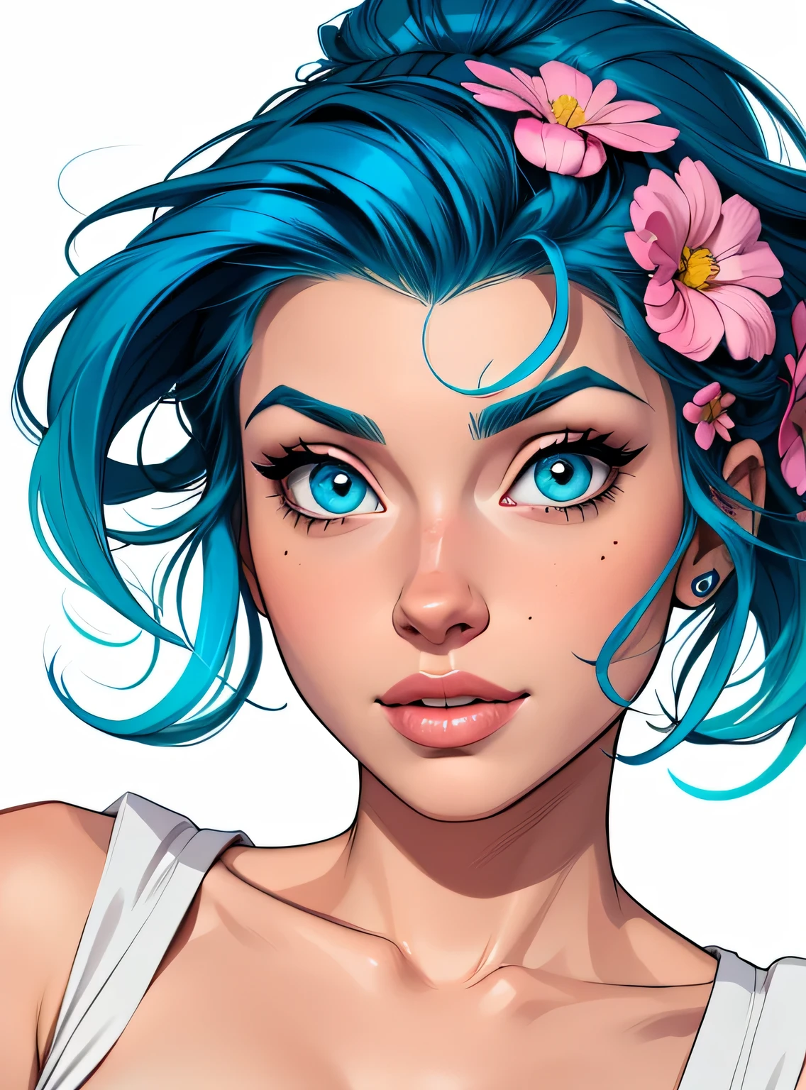 (estilo de desenho animado:1.2),  desenho de uma garota com cabelo azul, Olhos perfeitos, rosto detalhado, flores, fundo branco, Seios pequenos 