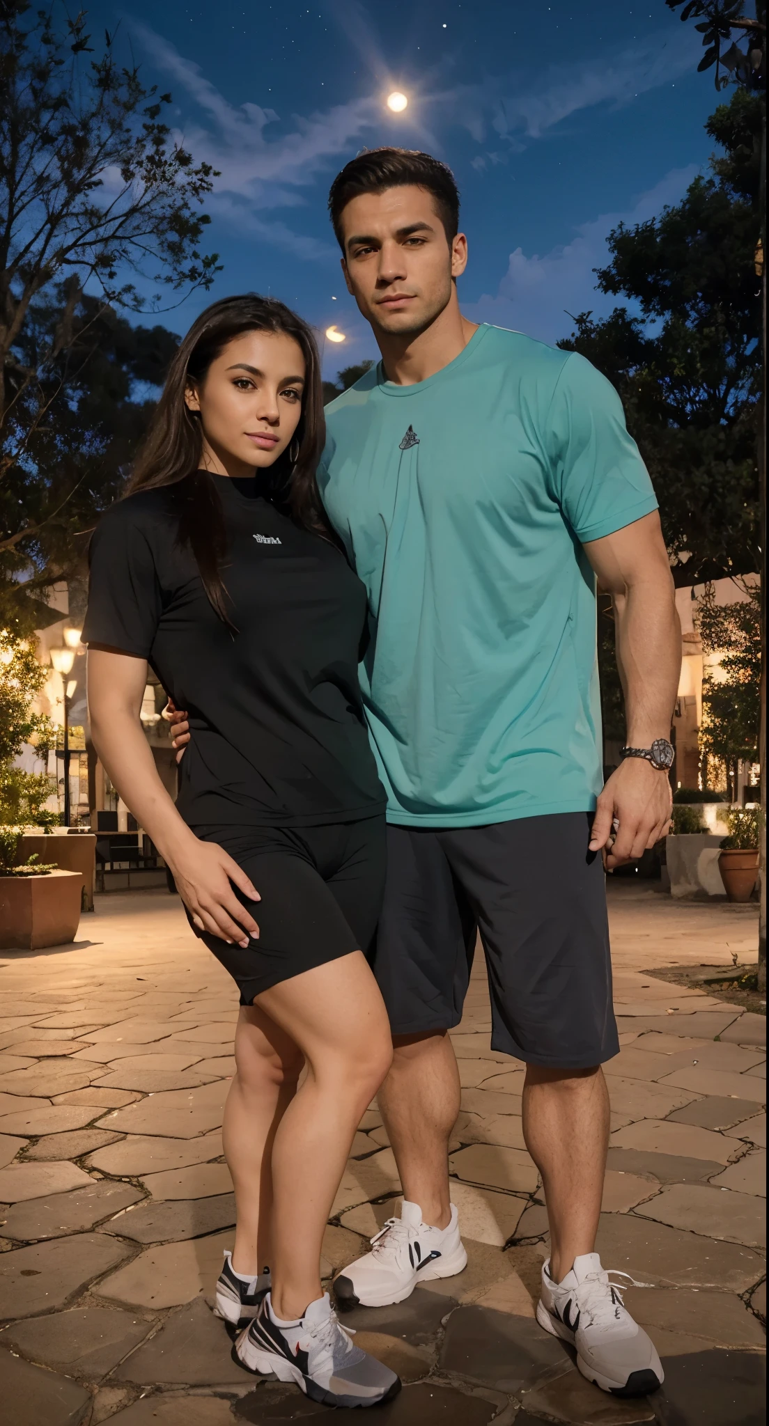 Um Casal, uma mulher linda e um homen, extremamente realista, fitness, in a square,
