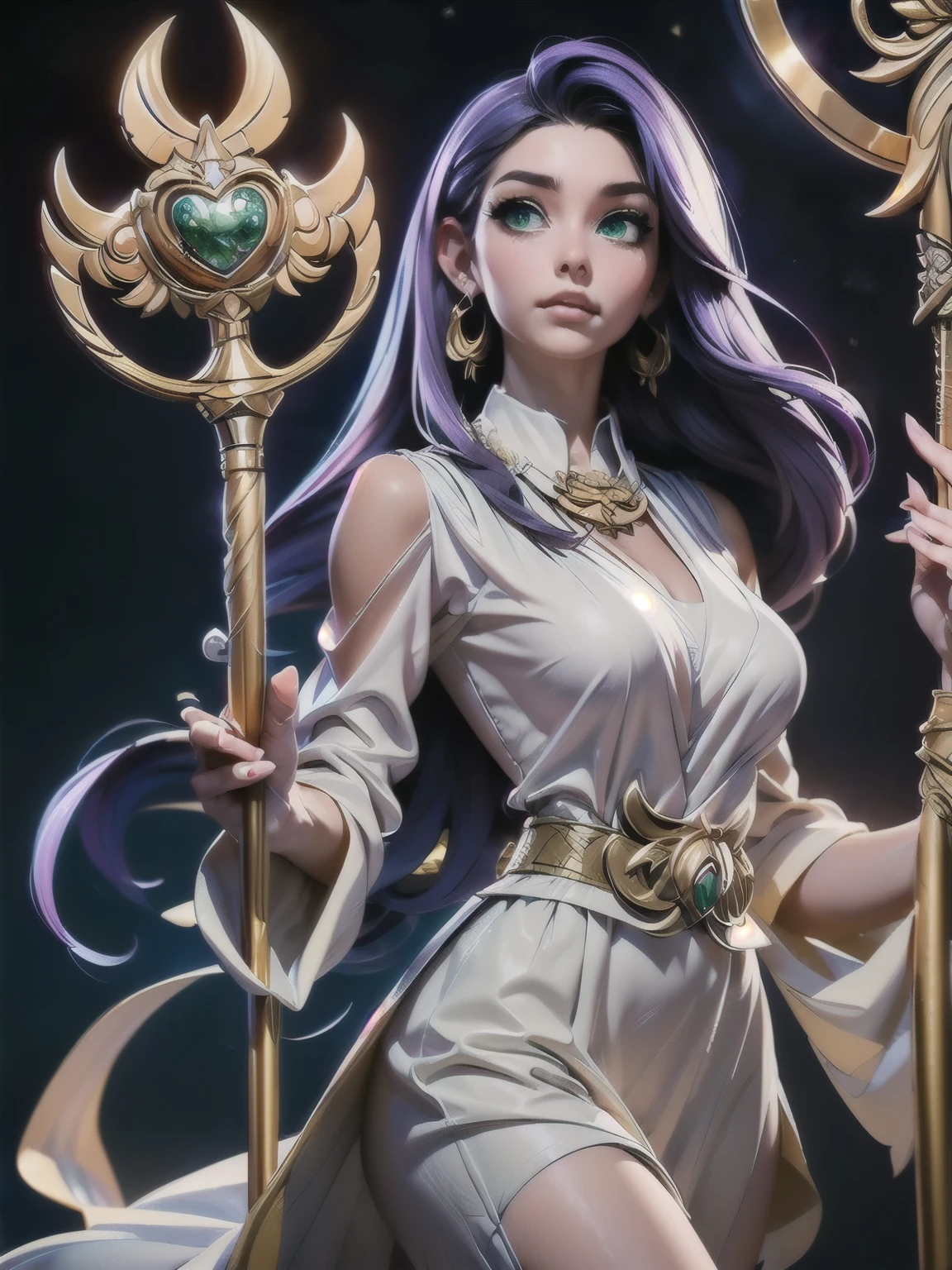 Masterpiece, best quality, 8k, ultra detailed, !(Sasha Atena levitating in the air and holding his staff  , beautiful woman goddess, long, straight purple hair, !(light green eyes), perfect body, big breast. Her clothing consists of: A white dress with golden details, which symbolizes her purity and divinity. The dress has a long, pleated skirt, which gives it an elegant and majestic look. The neckline is round and modest, and the sleeves are short and puffy. (The dress also has a golden belt with a flower-shaped buckle, which holds a red cloth hanging from behind). A golden necklace with a heart-shaped pendant, expressing her love for her warriors and her friends. A pair of golden star-shaped earrings, which reflect your light and your hope, great power and an aura  emerges from her body and waves her hair and her dress  vigorously, Behind it you can see a sanctuary with Greek ruins )