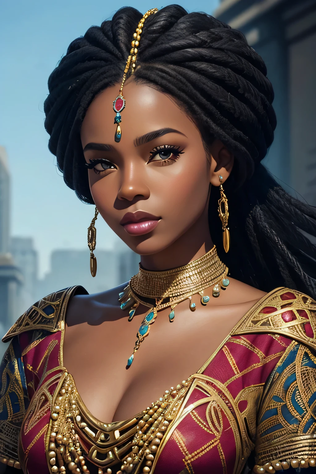 create stunning concept art and illustration of lady 13 years of african american , fashion illustraion , with beads on the neck, good hands, face and body.