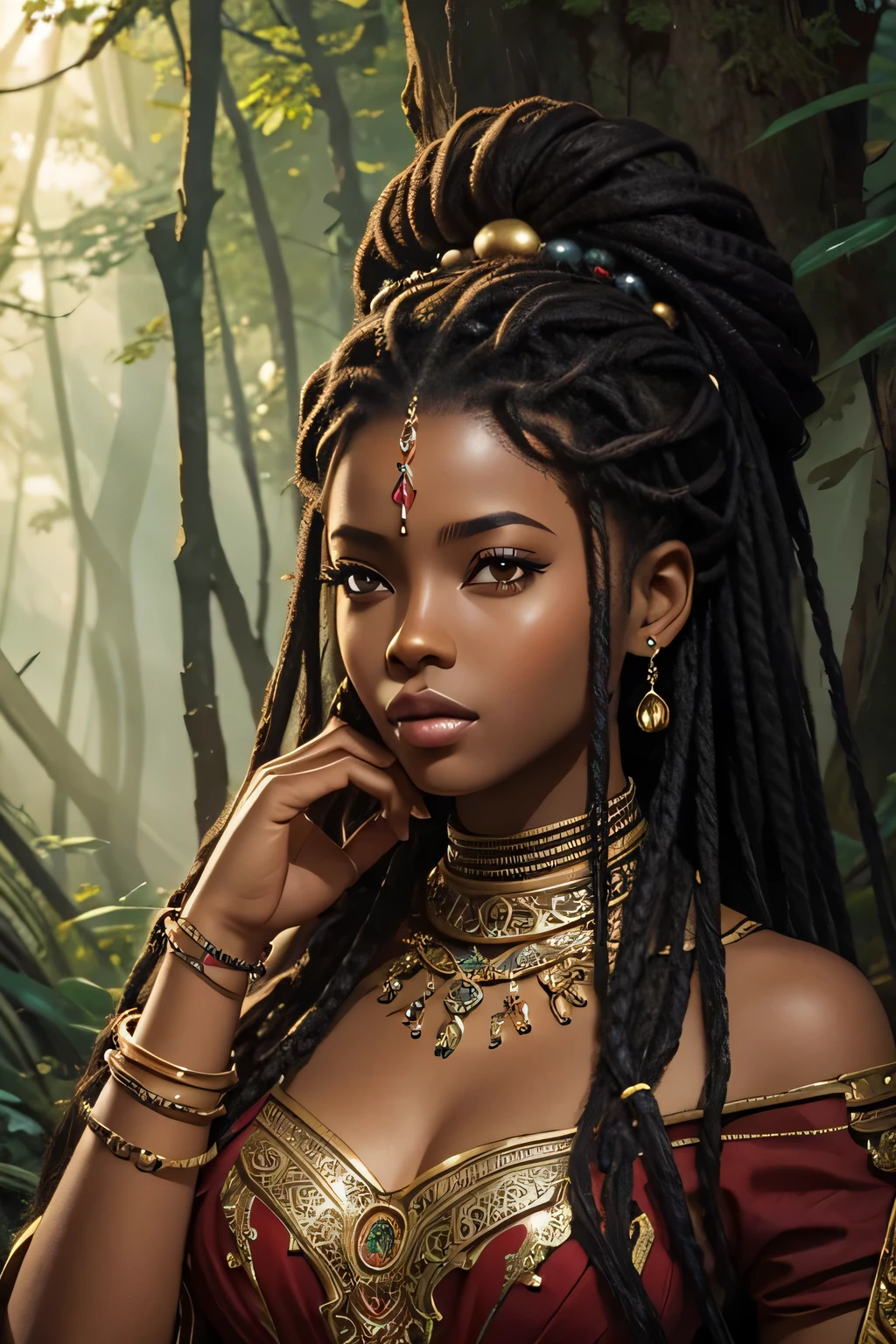 a close up of a woman with dreadlocks in a jungle, character concept art portrait, fantasy concept art portrait, stunning character art, epic exquisite character art, character art portrait, character concept portrait, alexandra fomina artstation, portrait of ororo munroe, artstation painting, character portrait art, cgsociety portrait, portrait of a female druid