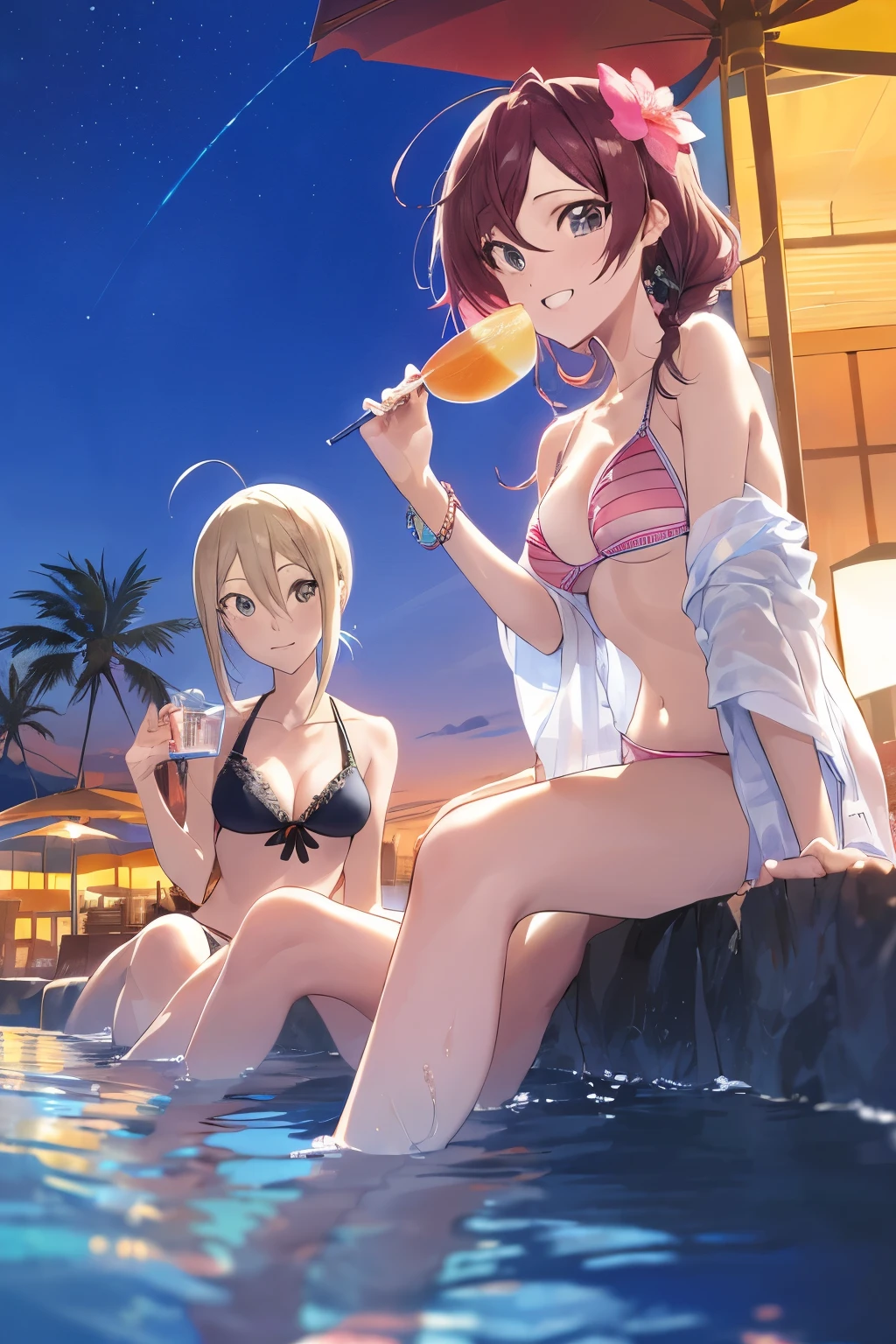 (masterpiece:1.2),best quality,PIXIV,who,
miyamoto frederica,hayami kanade,swimsuit,bikini,multiple girls,breasts,palm tree,ichinose shiki,tree,smile,night,jougasaki mika,sky,bangs,pink hair,long hair,looking at viewer,5girls,blonde hair,yellow eyes,green eyes,cup,blue eyes,flower,shiomi syuko,night sky,short hair,outdoors,parted bangs,open mouth,hair ornament,medium breasts,navel,hair flower,ahoge,hair between eyes,black bikini,water,blush,drinking glass,brown hair,jewelry,cleavage,v,blue bikini,partially submerged,bare shoulders,nail polish,wading,black hair,star (sky),ball,pool,collarbone,large breasts,holding cup,o-ring,:d,open clothes,starry sky,white bikini,standing,drinking straw,off shoulder,striped bikini,grin,floral print,wavy hair,earrings,braid,eyelashes,holding,pink nails,pink bikini,beachball,