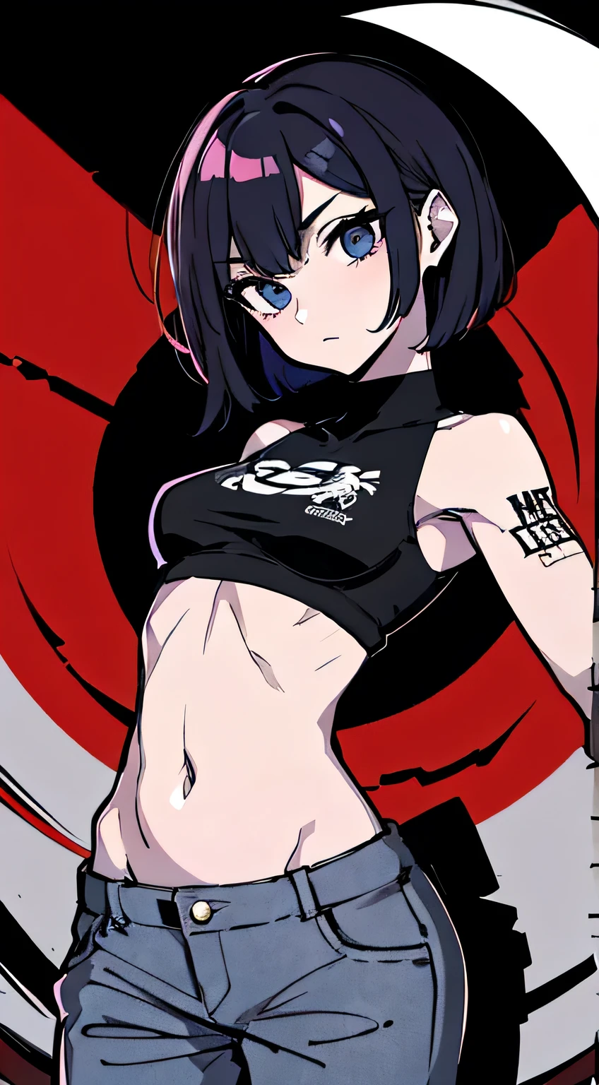 (Obra maestra, Mejor calidad:1.6), solo, contorno grueso, mostrando nalgas (fondo sencillo, fondo rojo oscuro, monocromo, Tema rojo oscuro:1.2), arte oficial, clave visual, 8K, absurdos, cuerpo completo, (solo cabello, chaqueta punks, pantalones cortos, arch backwards, torso corto:1.2), ombligo, muslos, tiro de vaquero, HDR, sharp focus, high resolution, more detailed, extremadamente detallado, ultra detallado, finamente detalle, ojos y rostro detallados, Pupilas afiladas, alumnos realistas