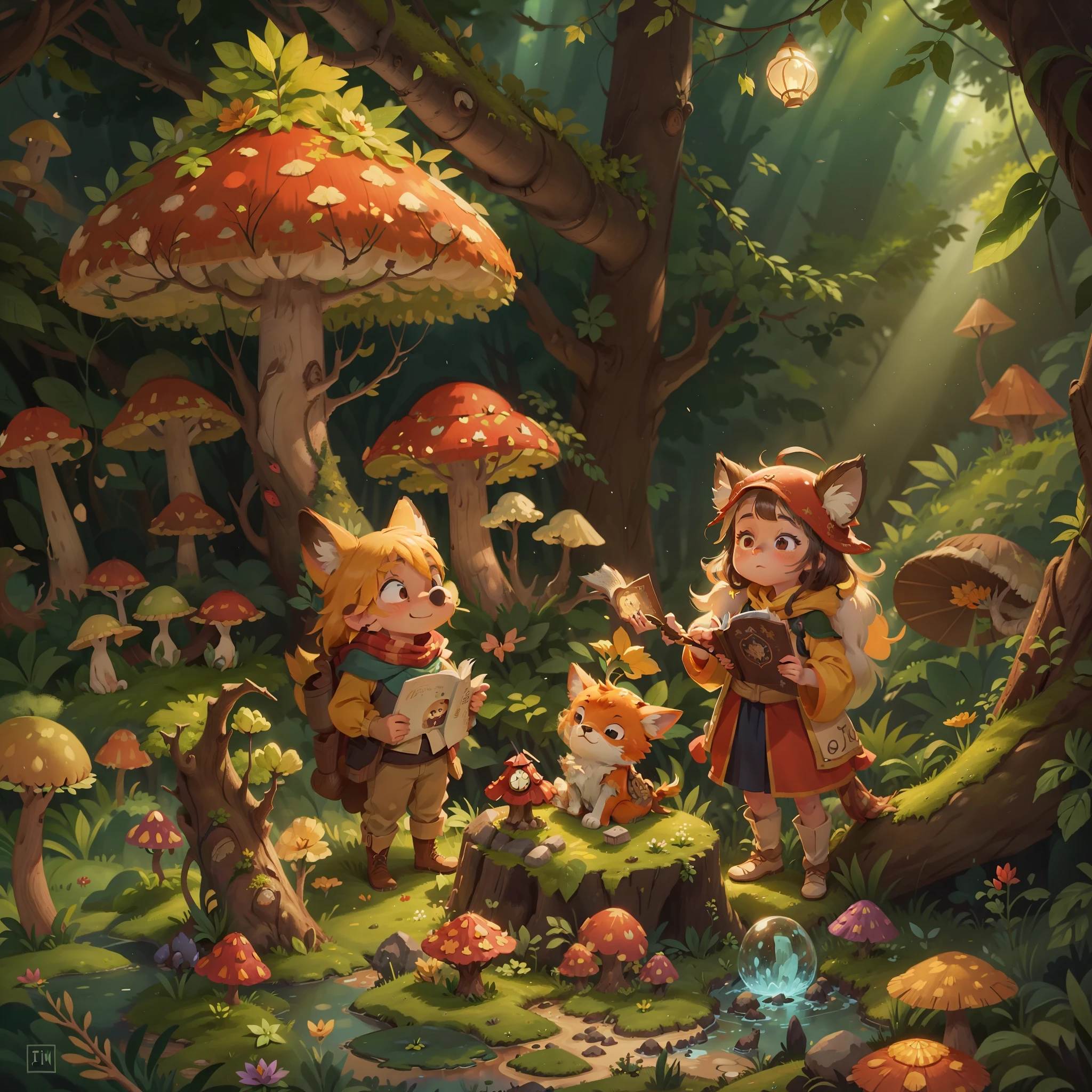 Fairytale picture book,Mutige Abenteurer,Beautiful enchanted forest,Lush forest,Schatz finden,Karte,roter Fuchs,Riesige Pilze,The sky is filled with magical light,Funkelnde Edelsteine,best quality,Bilder, who tell the stories,tMeisterwerk,