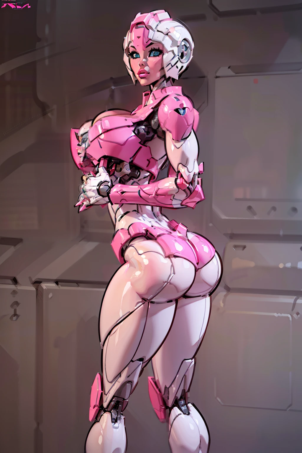 (best quality,4k,8k,highres,masterpiece:1.2),ultra-detailed,(realistic,photorealistic,photo-realistic:1.37), ((arcee)), character,ultra-fine painting,sharp focus,physically-based rendering,extreme detail description,professional, ((arcee aesthetic)), defined cheekbones, high cheekbones, illustration, ((muscular:1.3)), ((pink:1.4)), (gigantic breasts:1.7) , white body, ((detailed face:1.4)), (Arcee), Arafed Mujer con un traje futurista posando para una foto, (detailed face), defined cheekbones, (puffy lips), (white sclera), en armadura futurista blanca, girl in mecha cyber armor, (helmet covers forehead), full lips, (pink and white color scheme), large shoulders, large ass, ((ass air bags)), (ass cleavage), Renderizado del motor irreal + una diosa, Armadura cyborg de porcelana, Armadura blanca brillante, (pink and white aesthetic), (gigantic breasts), slim waist, cybernetic abs, ((pink face)), cuerpo cyborg ginoide, (aletta ocean face), Hermosa y atractiva cyborg femenina, Diferentes cibertrajes, Hermosa cyborg hembra, Hermosa chica blanca cyborg, Con armadura futurista, Perfecto cyborg hembra