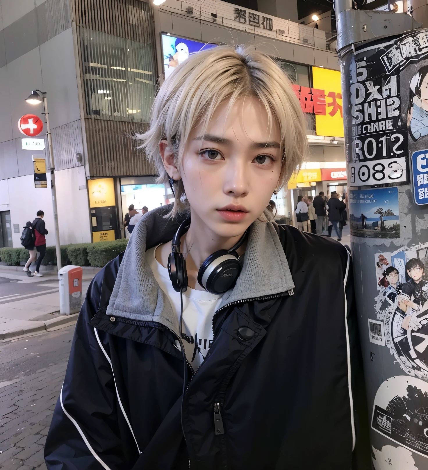 Chico de pelo rubio con auriculares de pie junto a un poste, pintar ulzzang, con pelo corto, cai xukun, peinado de corte hime blanco, ropa de calle japonesa, handsome japanese demon boy, kim doyoung, con el pelo largo y blanco, Chica con pelo corto y blanco., wearing Japanese technical clothing, el corte de hime, toru furuya, chico anime, ojos azules, jun bts, tae bts, rostro adorable 