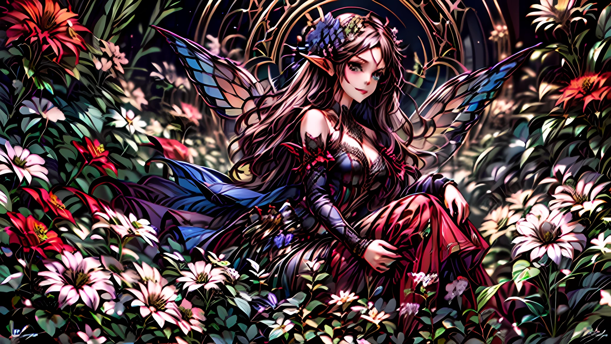 high details, best quality, 16k, RAW, [best detailed], masterpiece, best quality, (extremely detailed), full body, ultra wide shot, photorealistic, dark fantasy art, goth art, RPG art, D&D art, a picture of a dark female fairy resting in a flower meadow, extremely beautiful fairy, ultra feminine (intense details, Masterpiece, best quality), best detailed face (intense details, Masterpiece, best quality), having wide butterfly wings, spread butterfly wings (intense details, Masterpiece, best quality), dark colors wings (intense details, Masterpiece, best quality), black hair, long hair, shinning hair, flowing hair, shy smile, innocent smile, blue eyes, dark red lips, wearing [red] dress latex corset (intense details, Masterpiece, best quality), dynamic elegant shirt, chocker, wearing high heels, in dark colored flower meadow (intense details, Masterpiece, best quality), (red flowers: 1.2) , (black flowers: 1.2), (white flowers: 1.2), (blue flowers: 1.3) [extreme many flowers] (intense details, Masterpiece, best quality), dark colorful flowers (intense details, Masterpiece, best quality), flower shop in a dark goth era street background, dim light, cinematic light, gaslight lamp light, High Detail, Ultra High Quality, High Resolution, 16K Resolution, Ultra HD Pictures, 3D rendering Ultra Realistic, Clear Details, Realistic Detail, Ultra High Definition