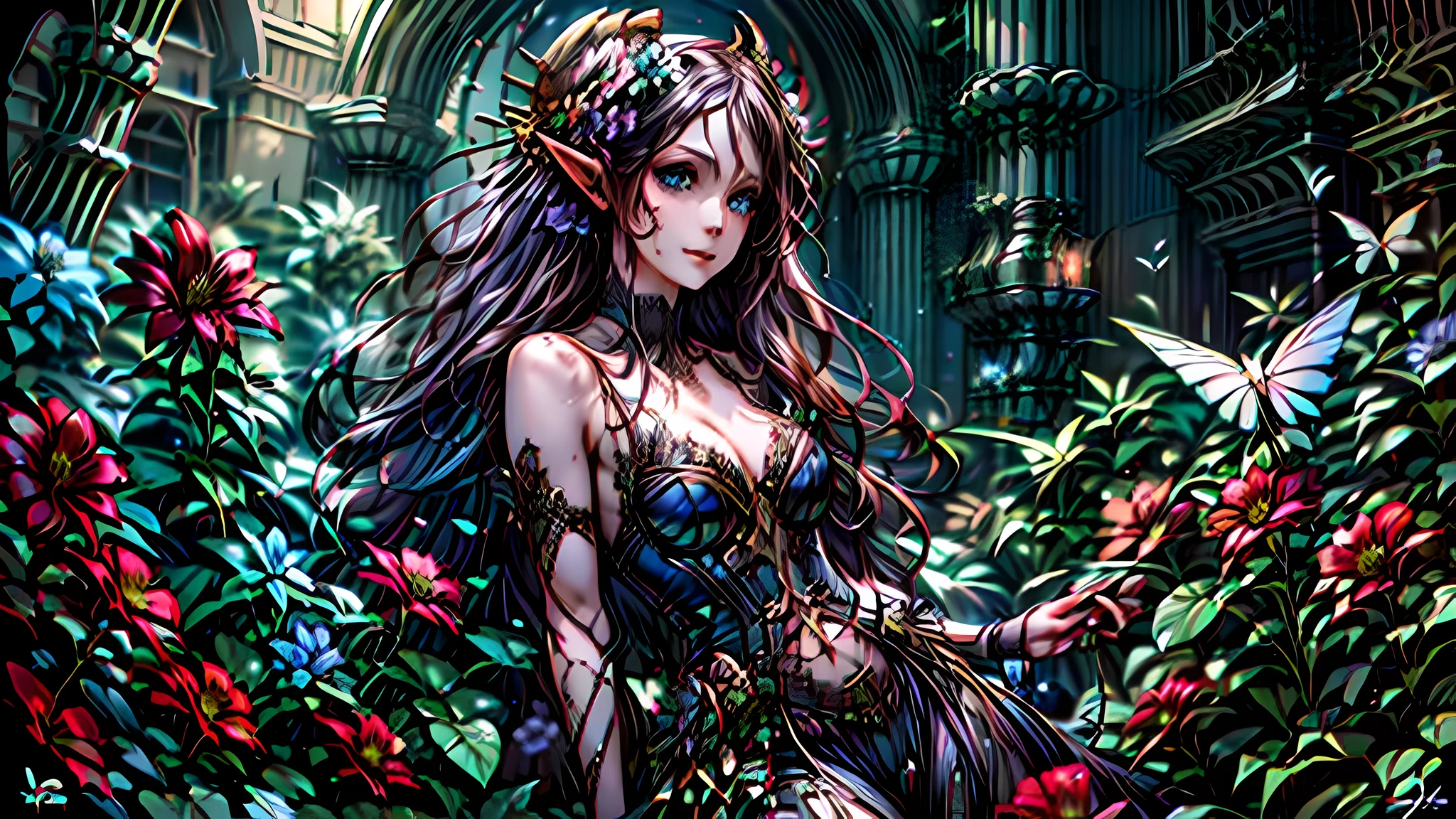 high details, best quality, 16k, RAW, [best detailed], masterpiece, best quality, (extremely detailed), full body, ultra wide shot, photorealistic, dark fantasy art, goth art, RPG art, D&D art, a picture of a dark female fairy resting in a flower meadow, extremely beautiful fairy, ultra feminine (intense details, Masterpiece, best quality), best detailed face (intense details, Masterpiece, best quality), having wide butterfly wings, spread butterfly wings (intense details, Masterpiece, best quality), dark colors wings (intense details, Masterpiece, best quality), black hair, long hair, shinning hair, flowing hair, shy smile, innocent smile, blue eyes, dark red lips, wearing [red] dress latex corset (intense details, Masterpiece, best quality), dynamic elegant shirt, chocker, wearing high heels, in dark colored flower meadow (intense details, Masterpiece, best quality), (red flowers: 1.2) , (black flowers: 1.2), (white flowers: 1.2), (blue flowers: 1.3) [extreme many flowers] (intense details, Masterpiece, best quality), dark colorful flowers (intense details, Masterpiece, best quality), flower shop in a dark goth era street background, dim light, cinematic light, gaslight lamp light, High Detail, Ultra High Quality, High Resolution, 16K Resolution, Ultra HD Pictures, 3D rendering Ultra Realistic, Clear Details, Realistic Detail, Ultra High Definition